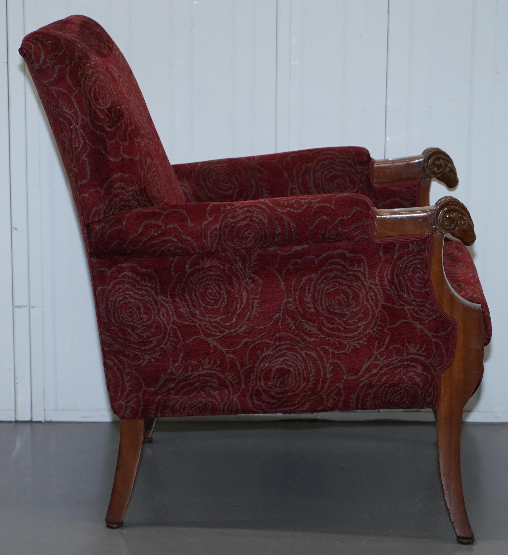 Vintage Carved Rams Head Armchair Vintage Piece Red Floral Upholstery For Sale 5