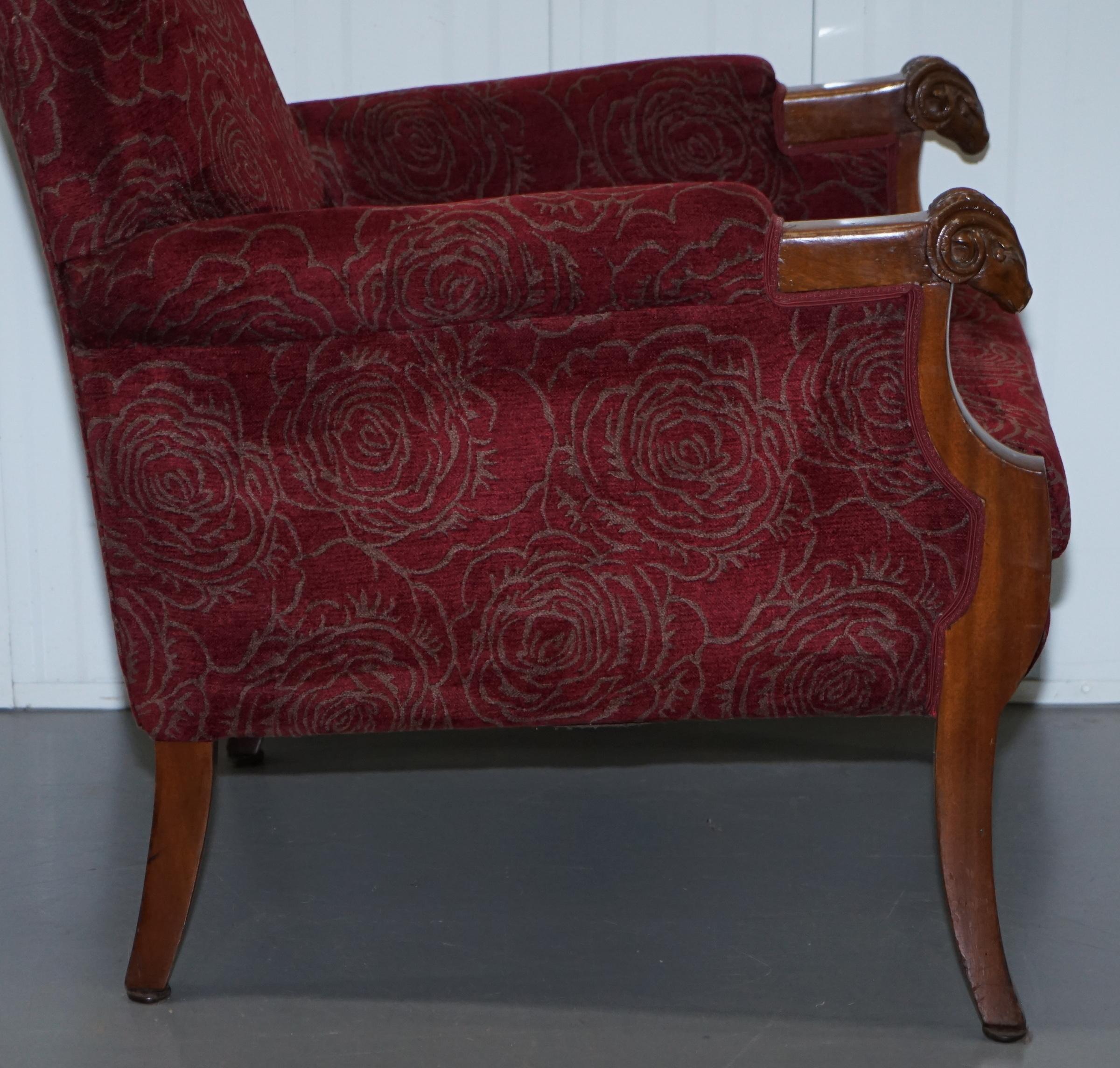 Vintage Carved Rams Head Armchair Vintage Piece Red Floral Upholstery For Sale 6