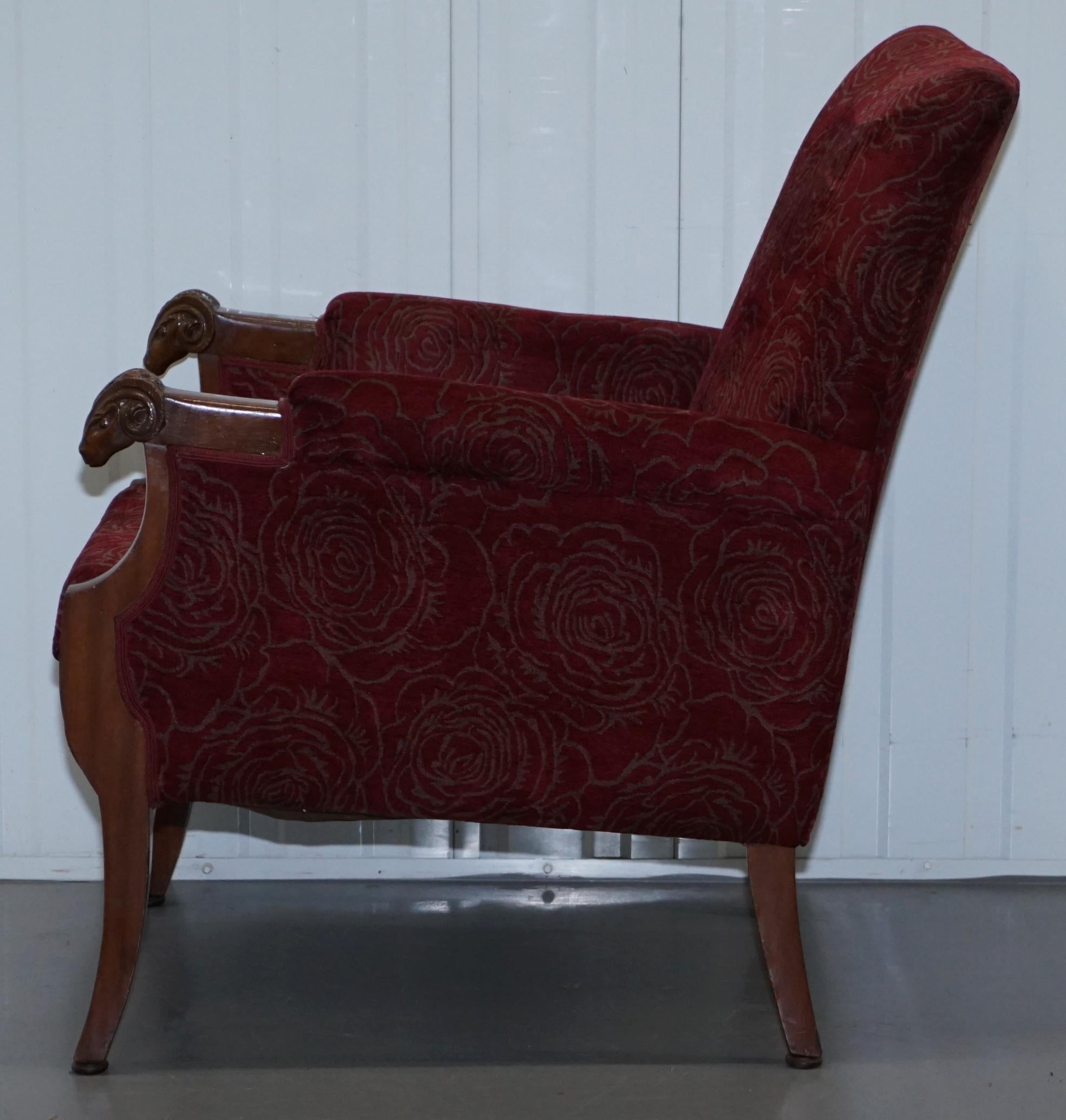 Vintage Carved Rams Head Armchair Vintage Piece Red Floral Upholstery For Sale 8