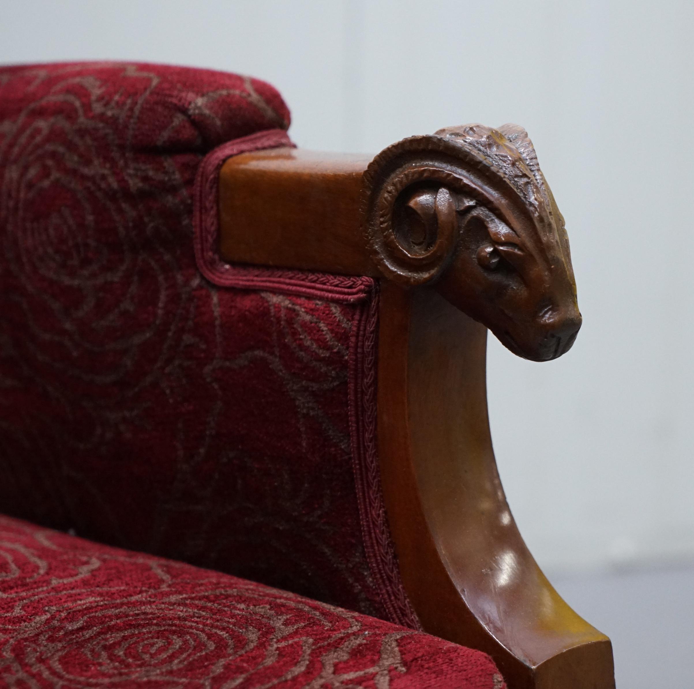 Hand-Crafted Vintage Carved Rams Head Armchair Vintage Piece Red Floral Upholstery For Sale