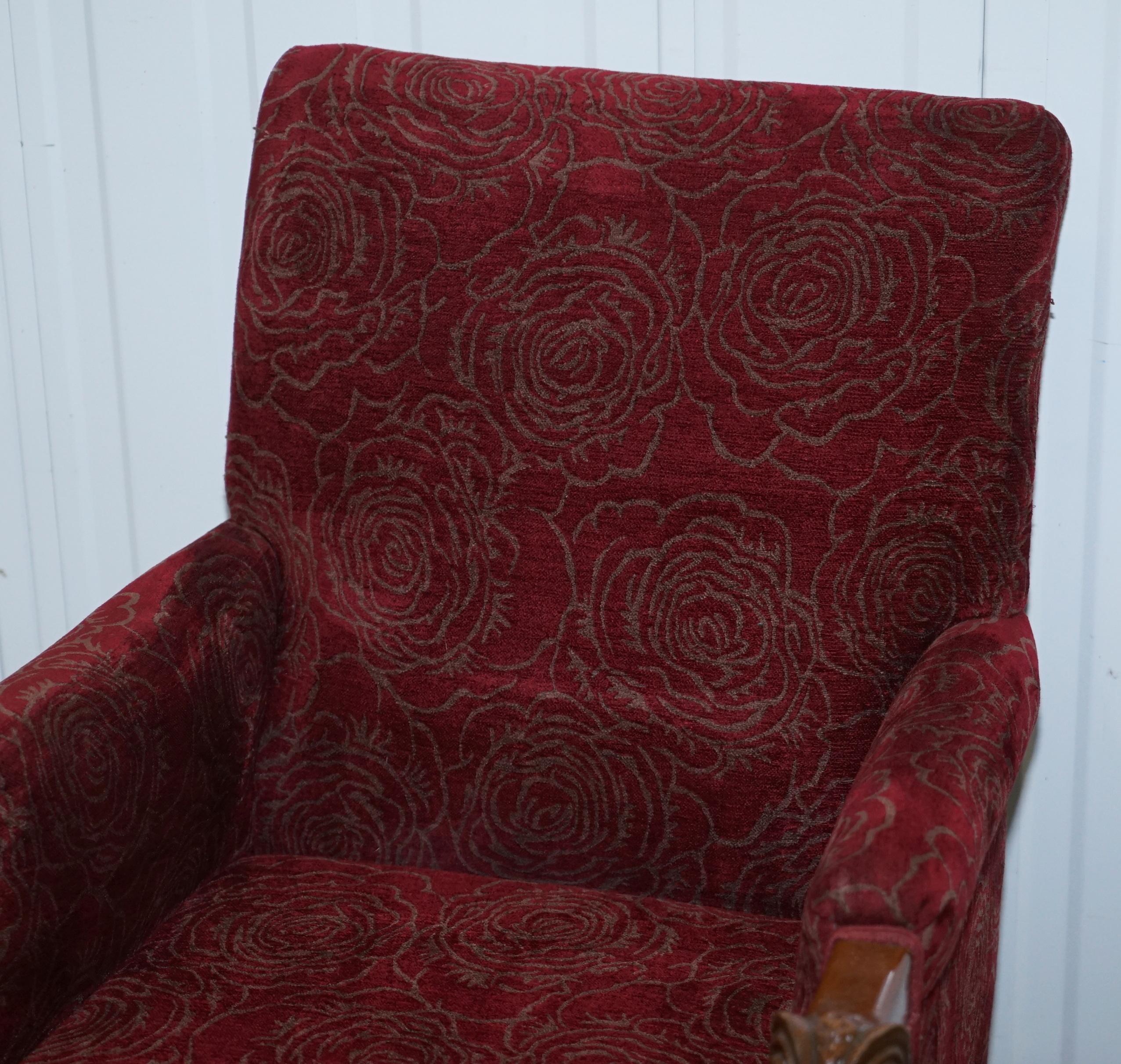 20th Century Vintage Carved Rams Head Armchair Vintage Piece Red Floral Upholstery For Sale