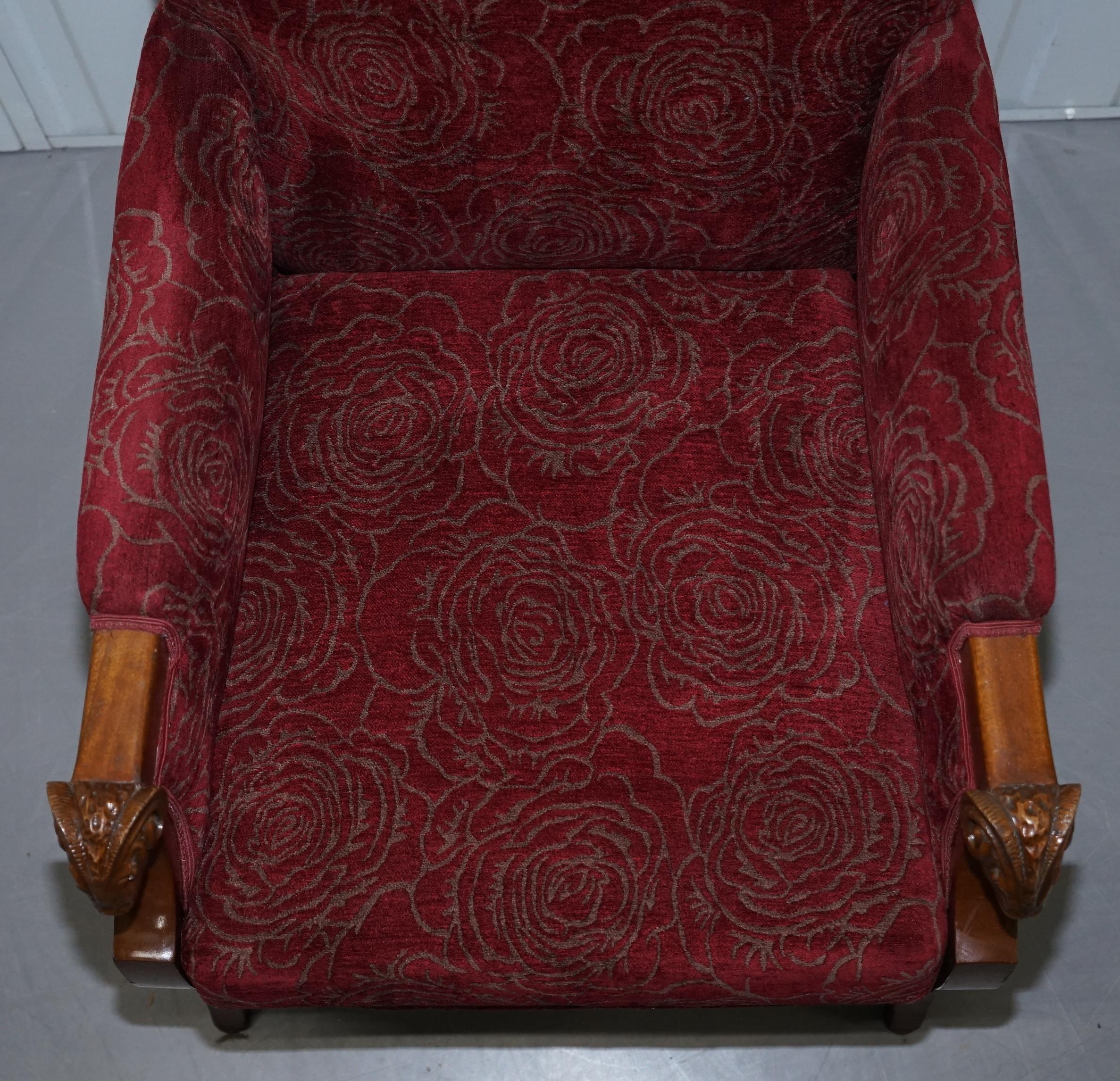 Vintage Carved Rams Head Armchair Vintage Piece Red Floral Upholstery For Sale 1