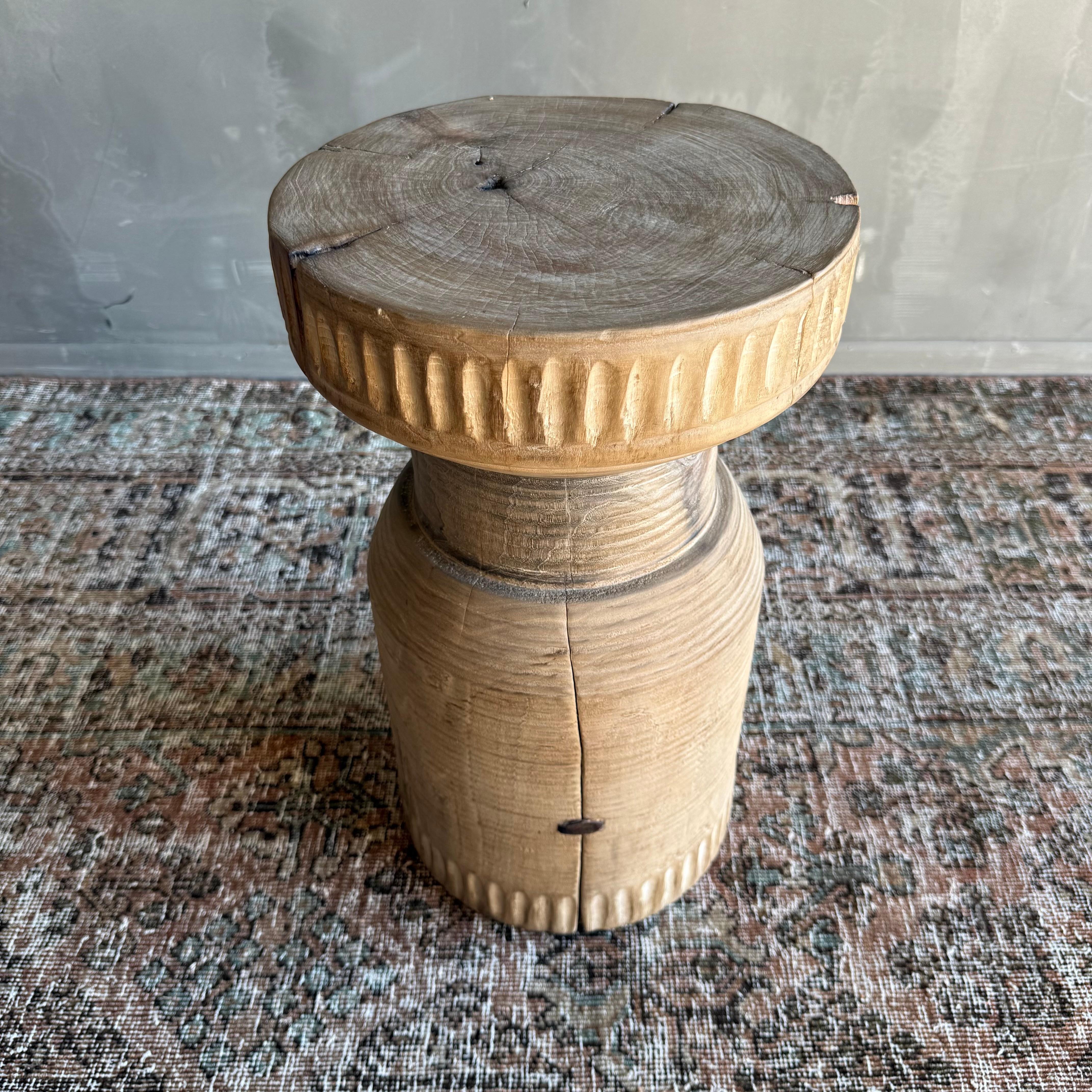 Organic Modern Vintage Carved Reclaimed Side Table Stump Table For Sale