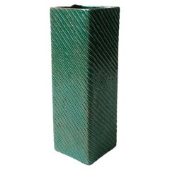 Vintage Carved Rectangular Green Studio Pottery Vase