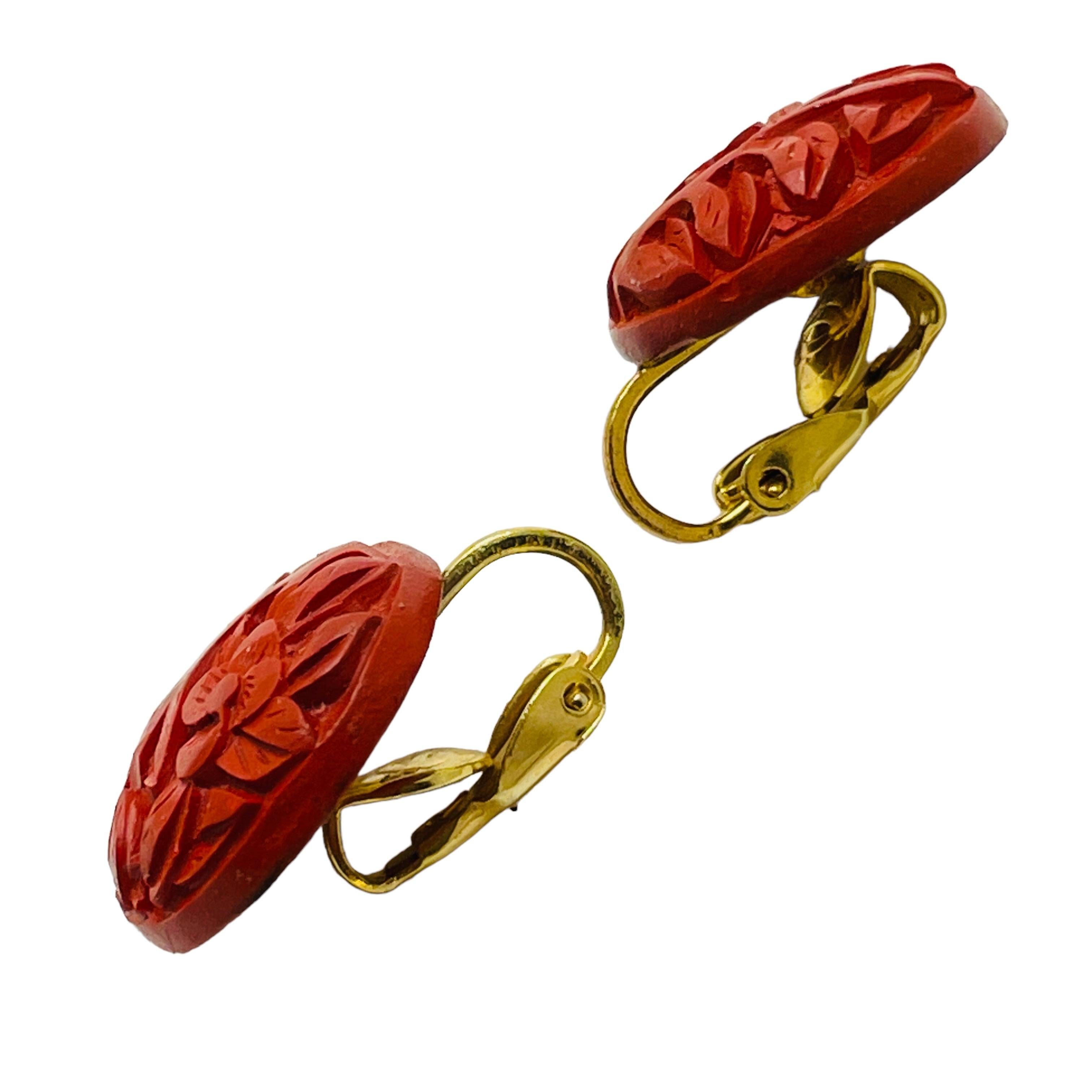 Women's or Men's Vintage carved red cinnabar clip on earrings For Sale