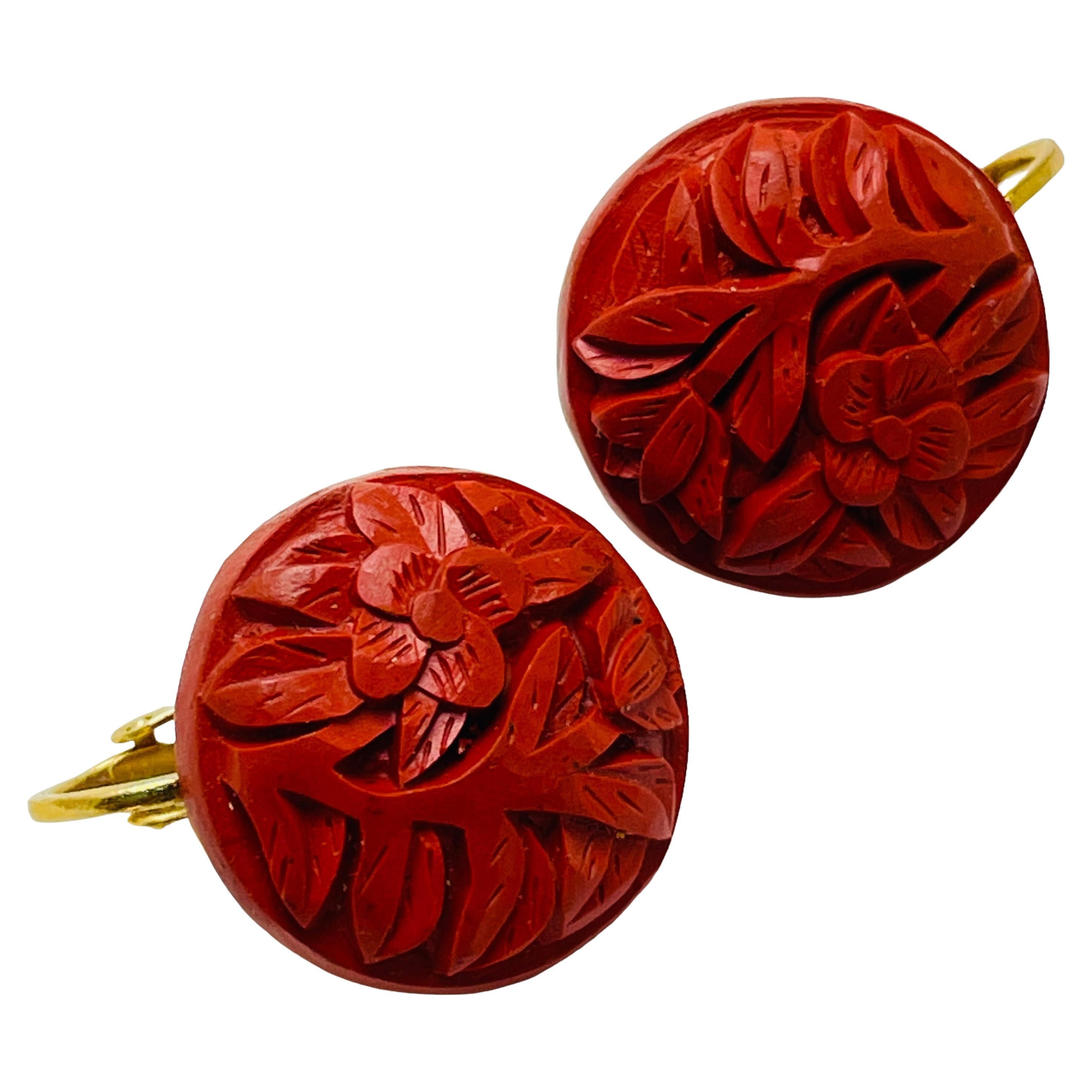 Vintage carved red cinnabar clip on earrings For Sale