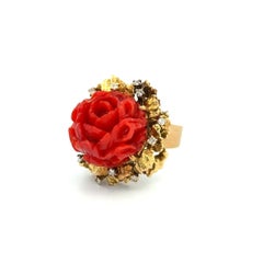 Vintage Carved Red Coral and Diamond Gold Ring Estate Fine Jewelry