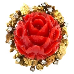 Vintage Carved Red Coral and Diamond Gold Ring Estate Fine Jewelry