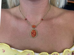 Vintage Carved Red Coral Necklace with Floral Design in 14K Yellow Gold