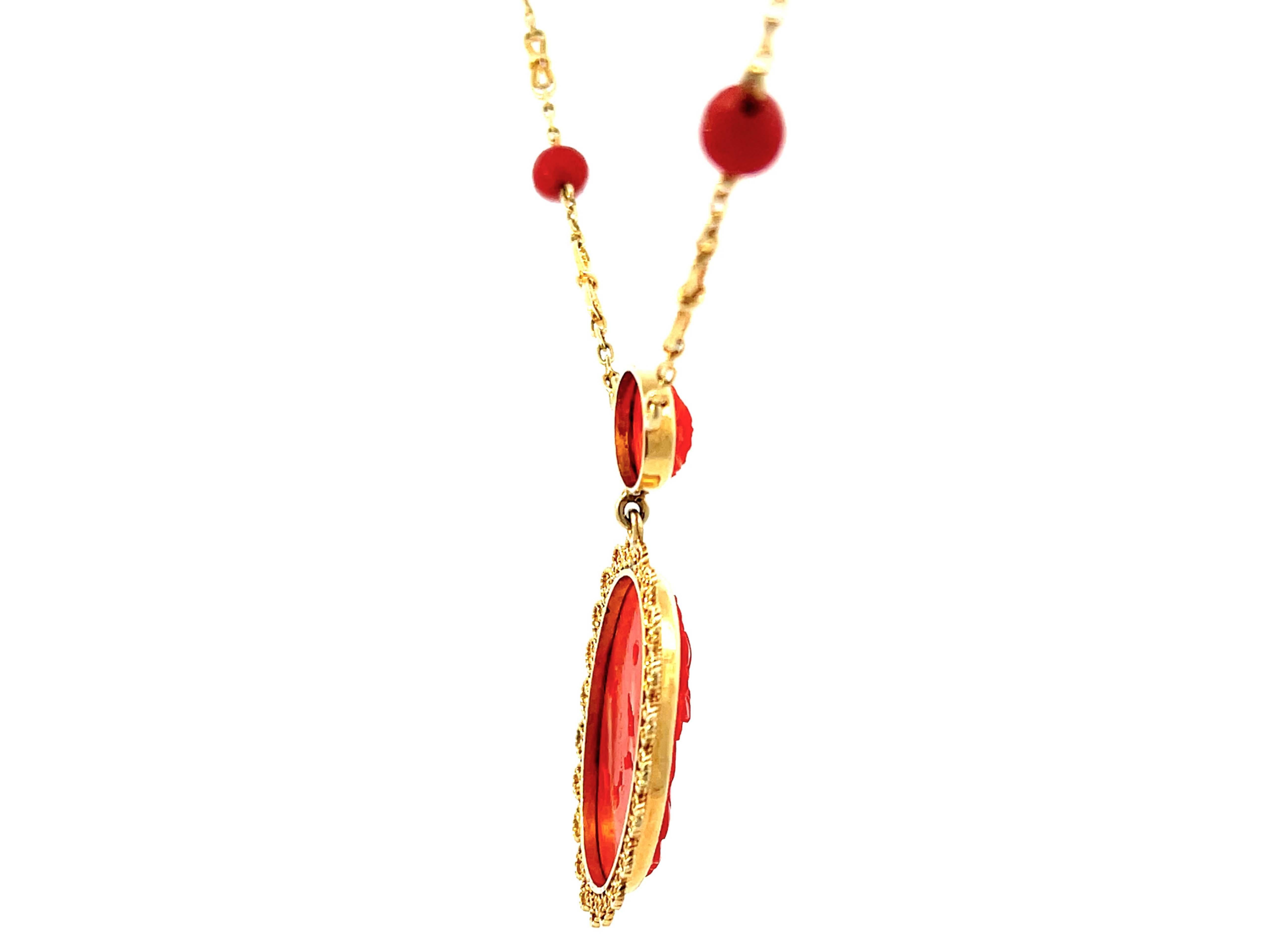 Modern Vintage Carved Red Coral Necklace with Floral Design in 14K Yellow Gold For Sale