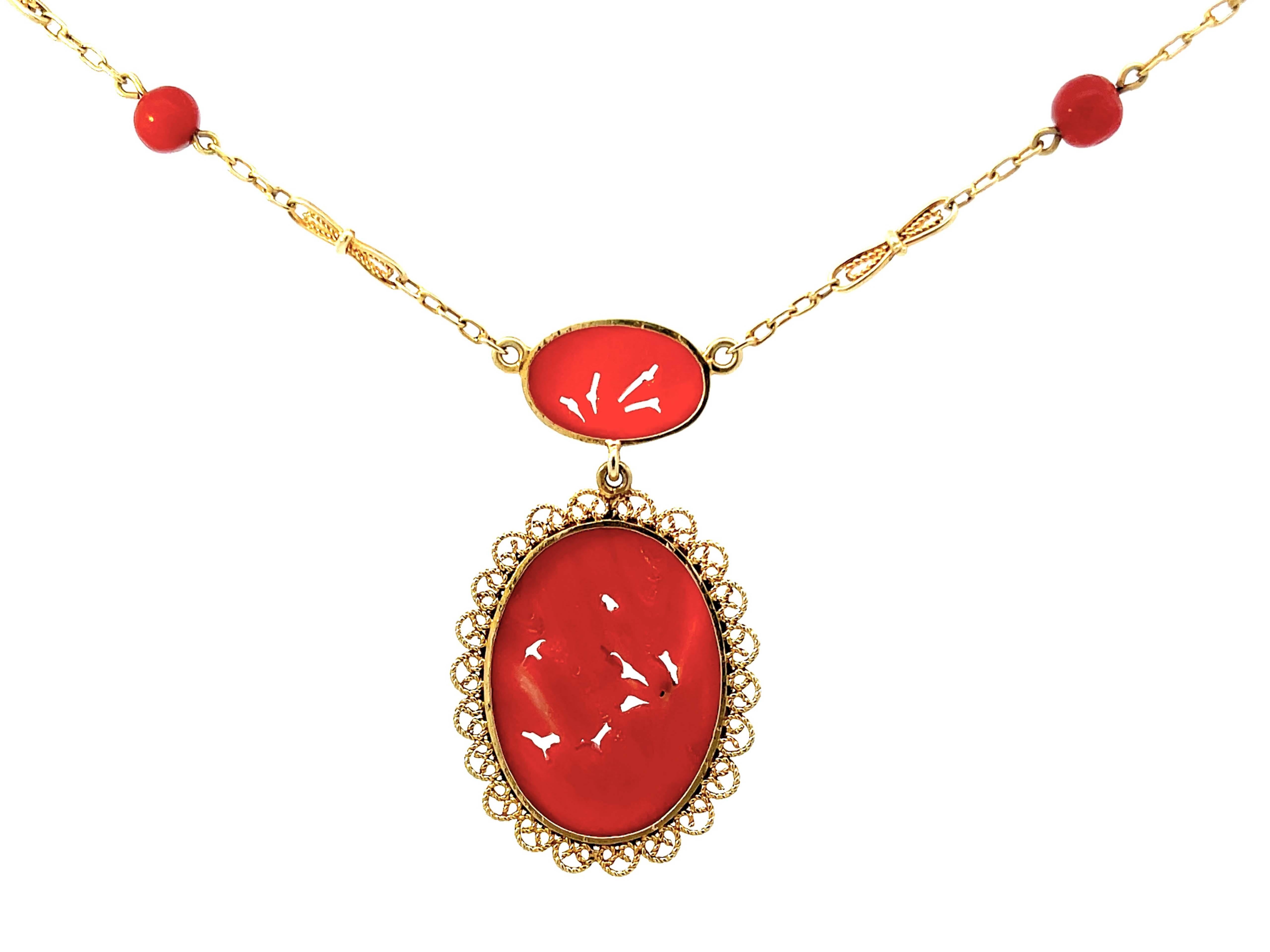 Oval Cut Vintage Carved Red Coral Necklace with Floral Design in 14K Yellow Gold For Sale
