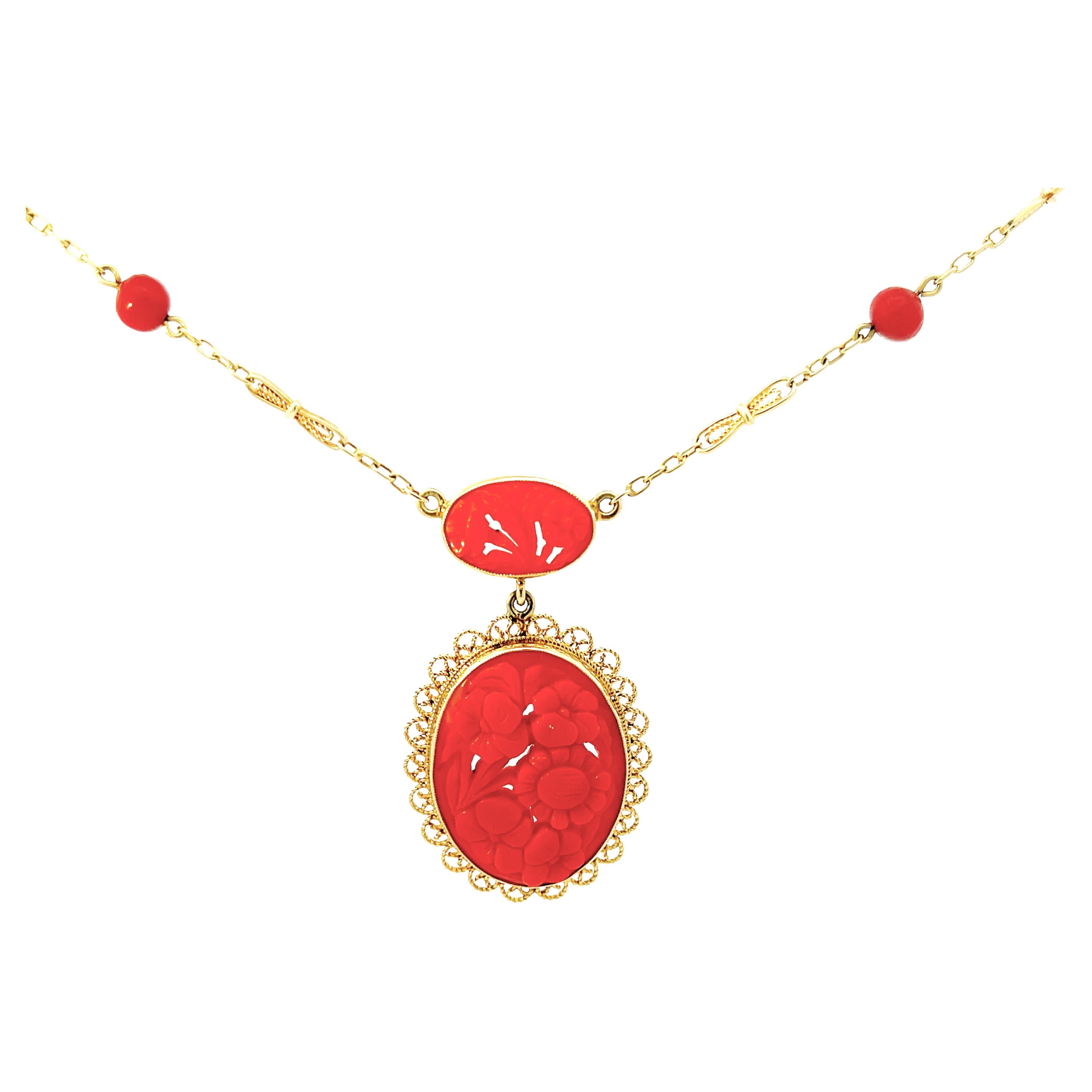 Vintage Carved Red Coral Necklace with Floral Design in 14K Yellow Gold For Sale