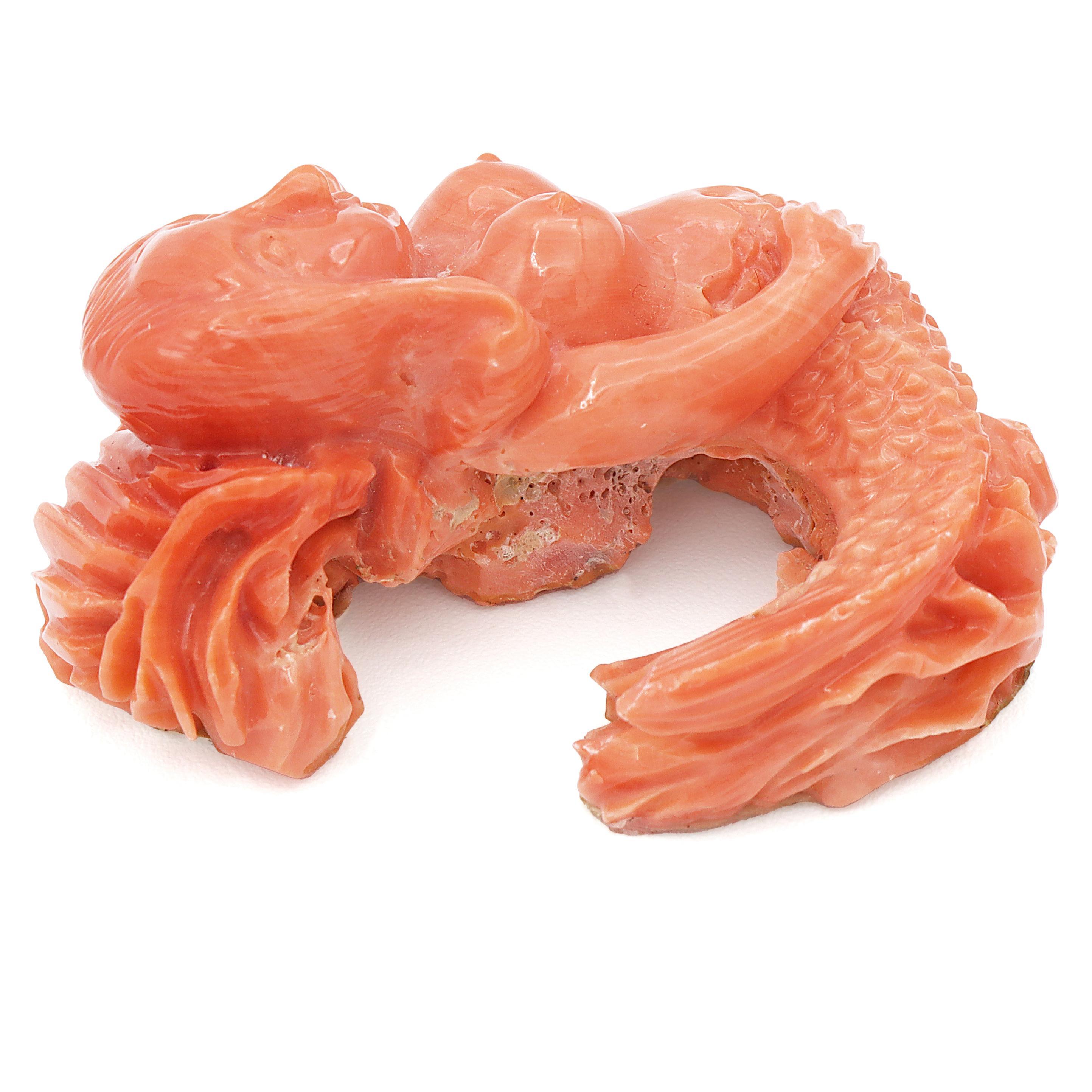 Vintage Carved Red Coral Siren Mermaid Figurine Sculpture 1