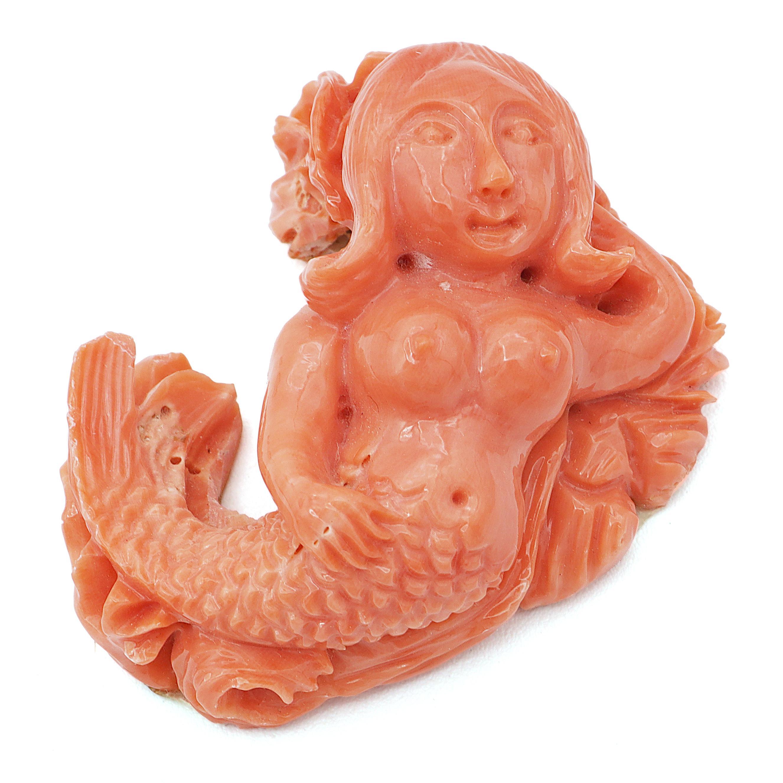 Vintage Carved Red Coral Siren Mermaid Figurine Sculpture 2