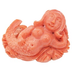 Vintage Carved Red Coral Siren Mermaid Figurine Sculpture