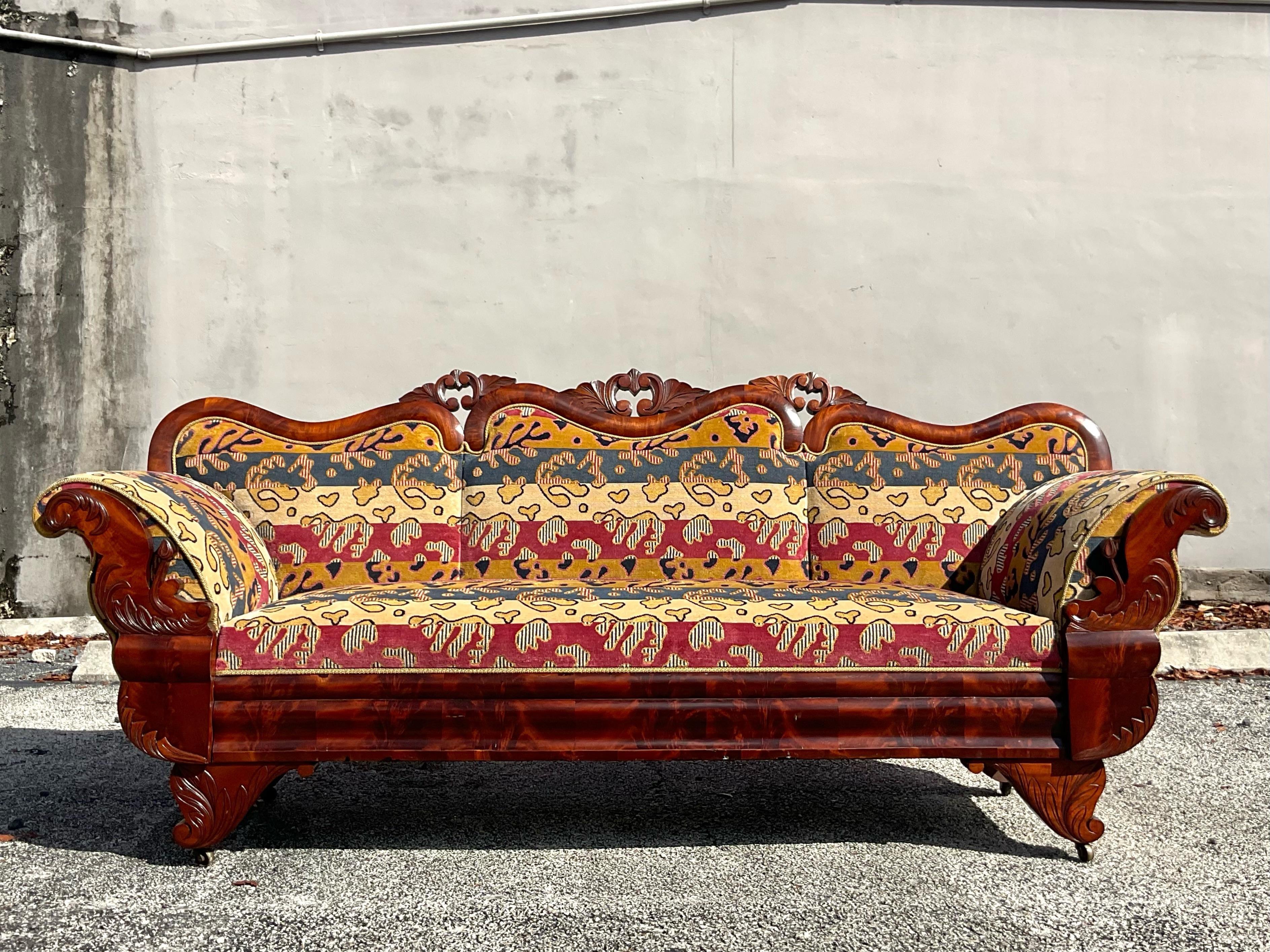 Upholstery Vintage Carved Rococo Clarence House Flame Sofa For Sale