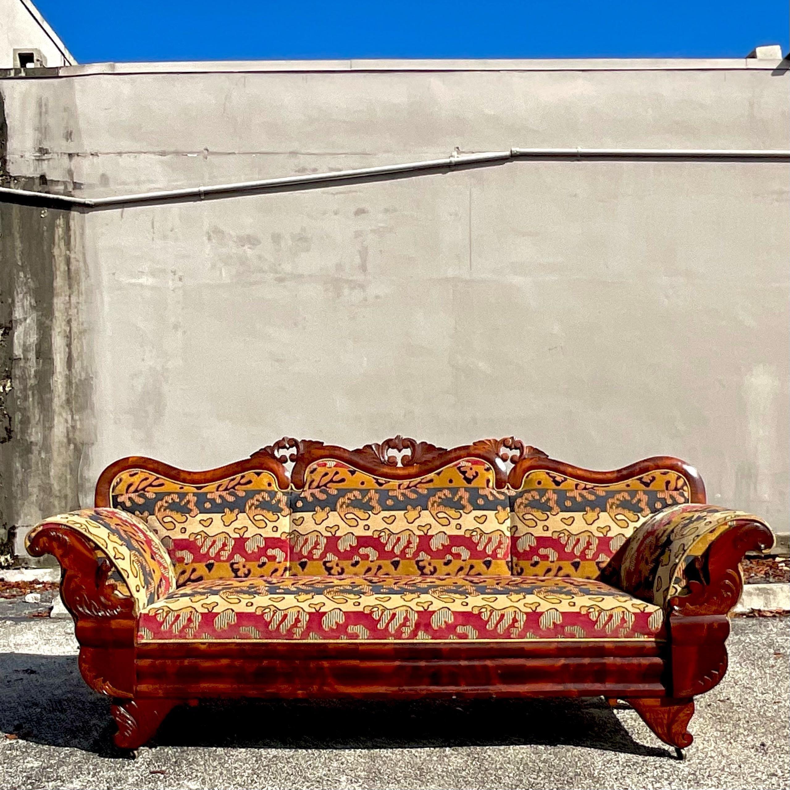 Vintage Carved Rococo Clarence House Flame Sofa For Sale 1