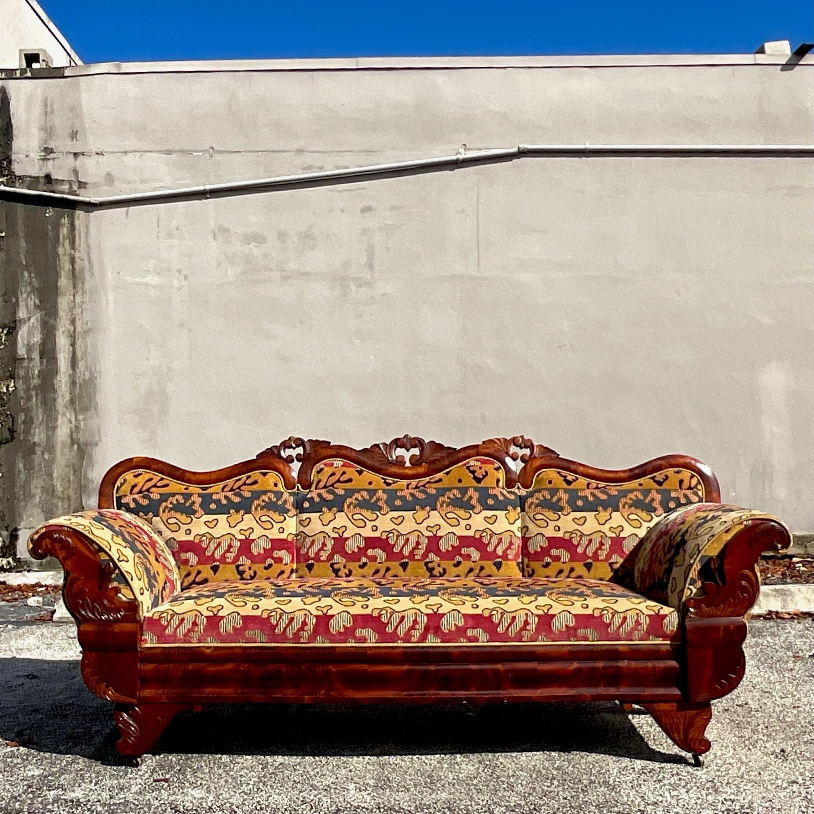 Vintage Carved Rococo Clarence House Flame Sofa For Sale 2