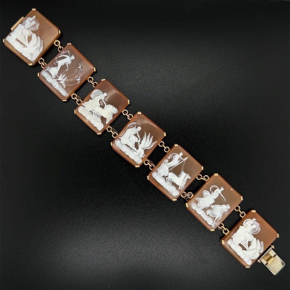 Women's Vintage Carved Roman Weekly Calendar Cameo Victorian Revival Gold Bracelet For Sale