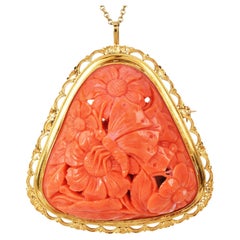Vintage Carved Salmon Coral Butterfly Garden 18K Gold Pendant Brooch