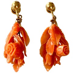 Vintage Carved Salmon Coral Floral 14 Karat Yellow Gold Screw Back Drop Earrings