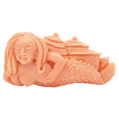 Vintage Carved Salmon Coral Siren Mermaid Figurine Sculpture