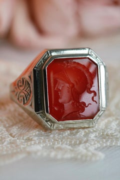Vintage Carved Sardonyx Intaglio 10k White Gold Ring