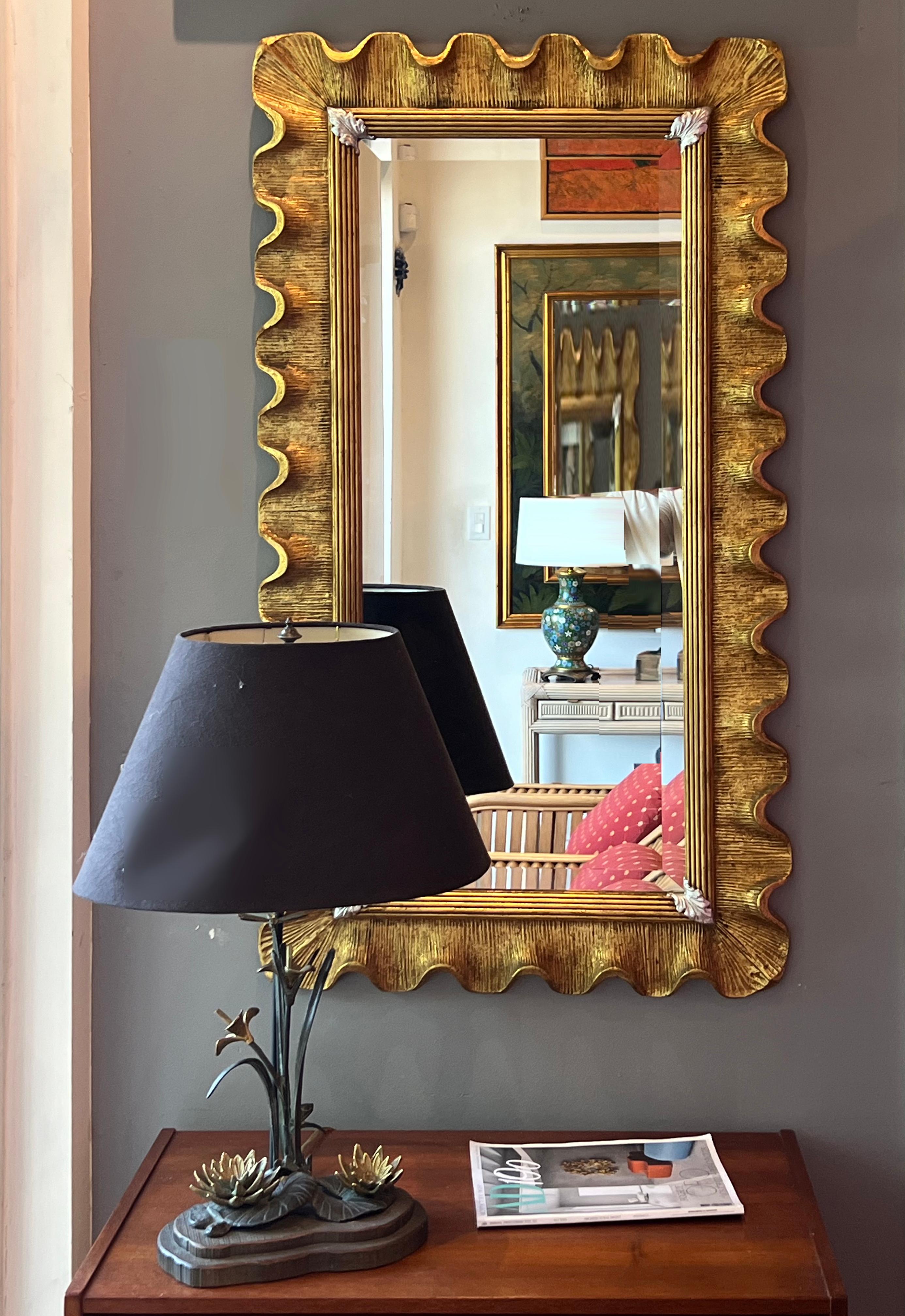 Hollywood Regency Vintage Carved Scalloped Edge Italian Giltwood Beveled Mirror