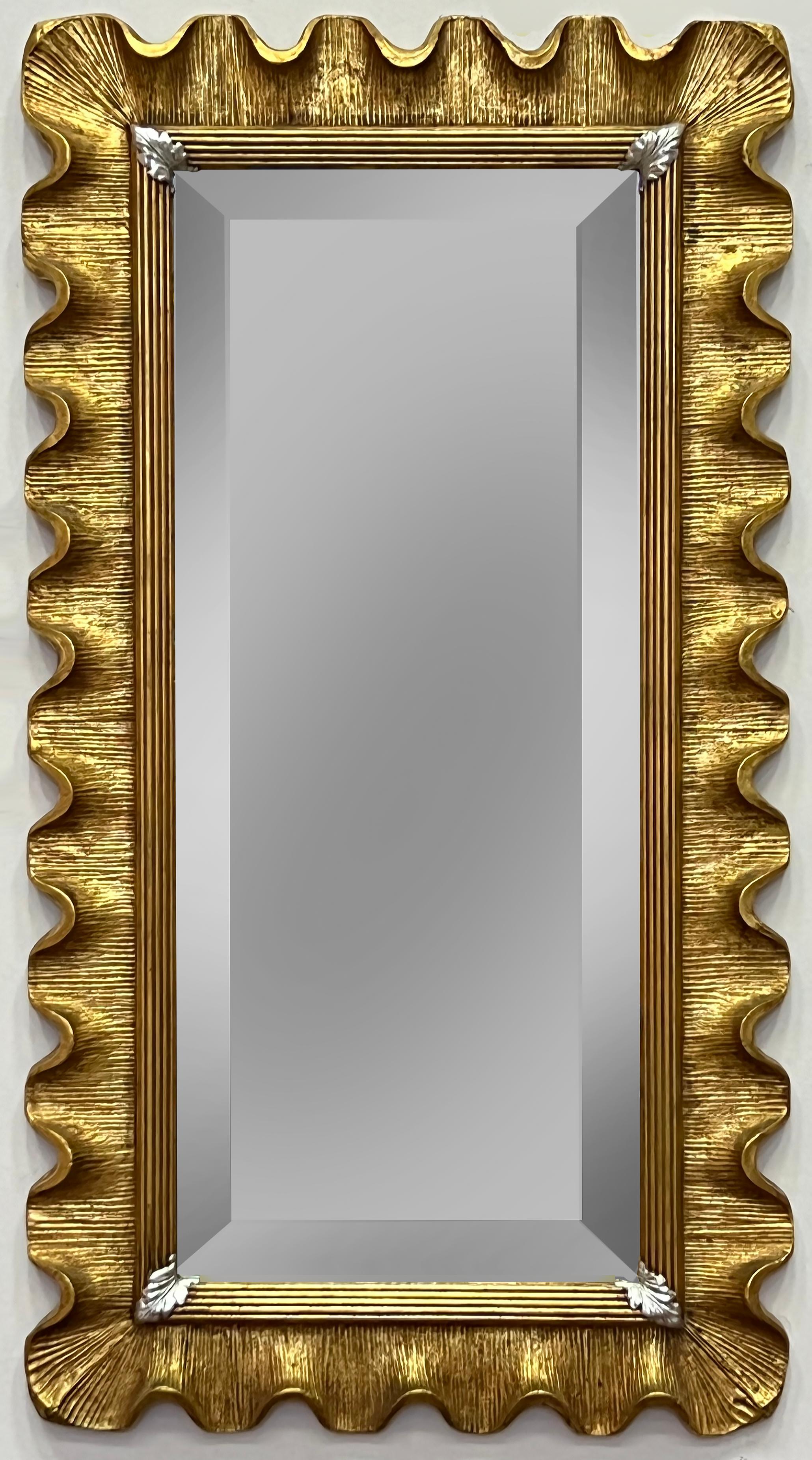 Vintage Carved Scalloped Edge Italian Giltwood Beveled Mirror  For Sale 3