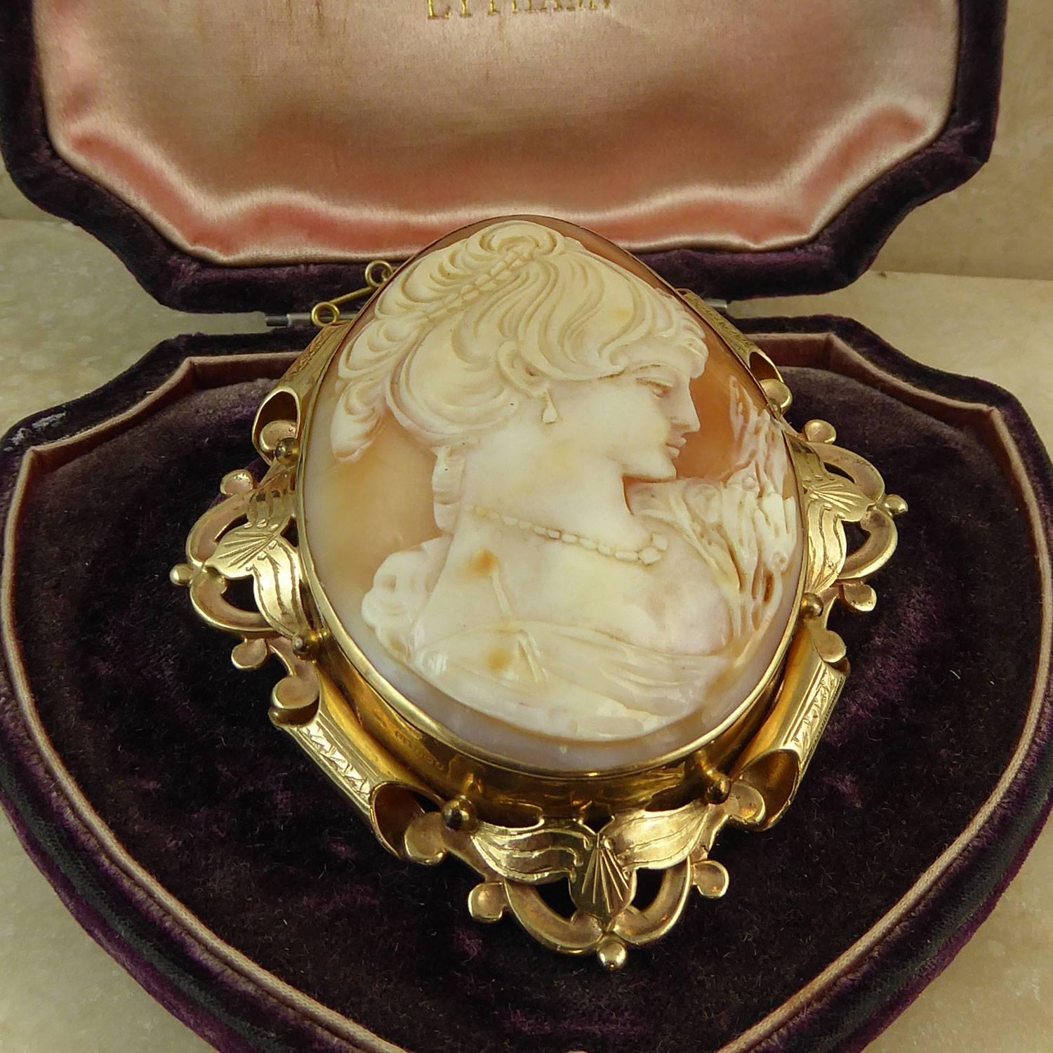 Vintage Carved Shell Cameo Brooch, Ornate Gold Surround, Hallmarked, 1965 2