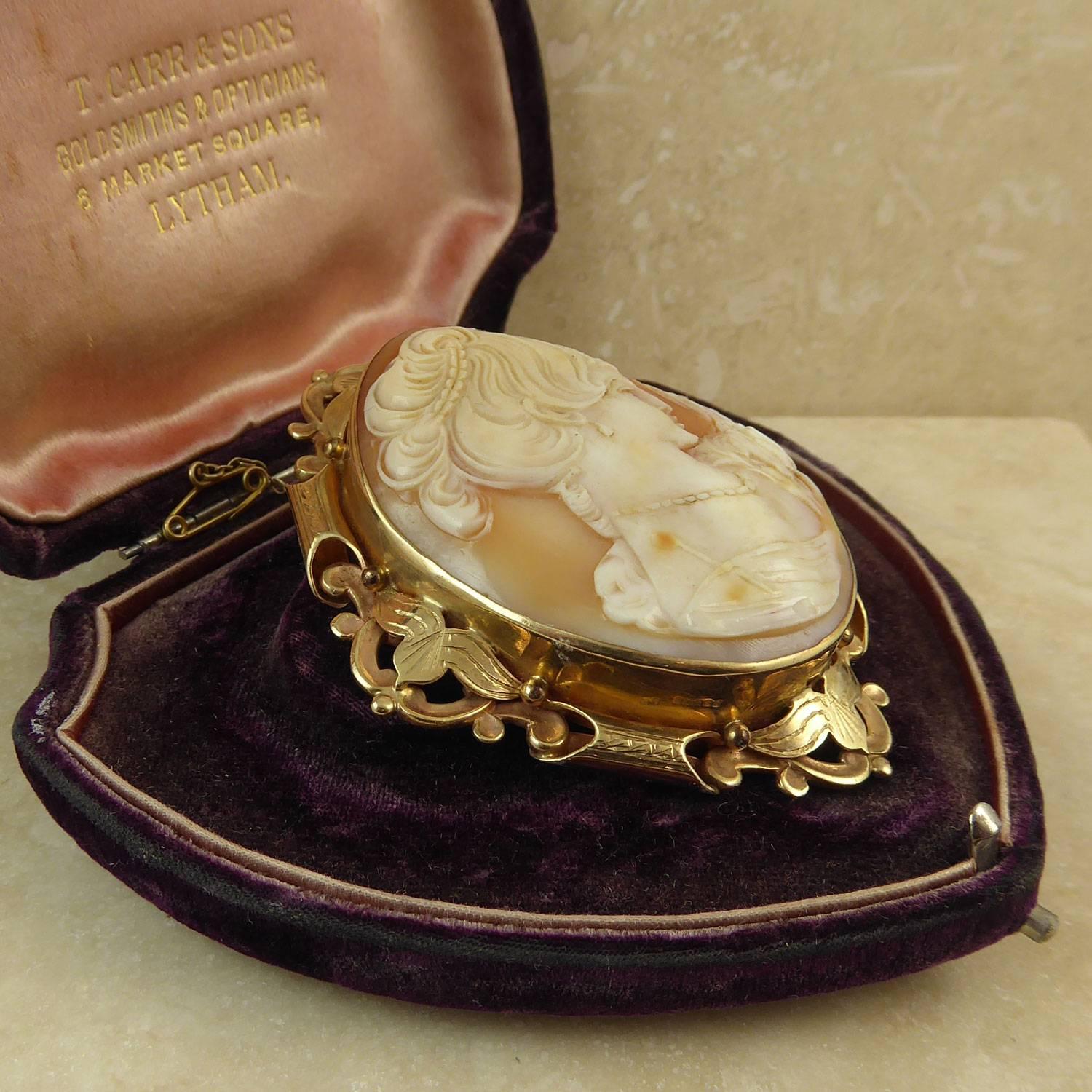 Vintage Carved Shell Cameo Brooch, Ornate Gold Surround, Hallmarked, 1965 3