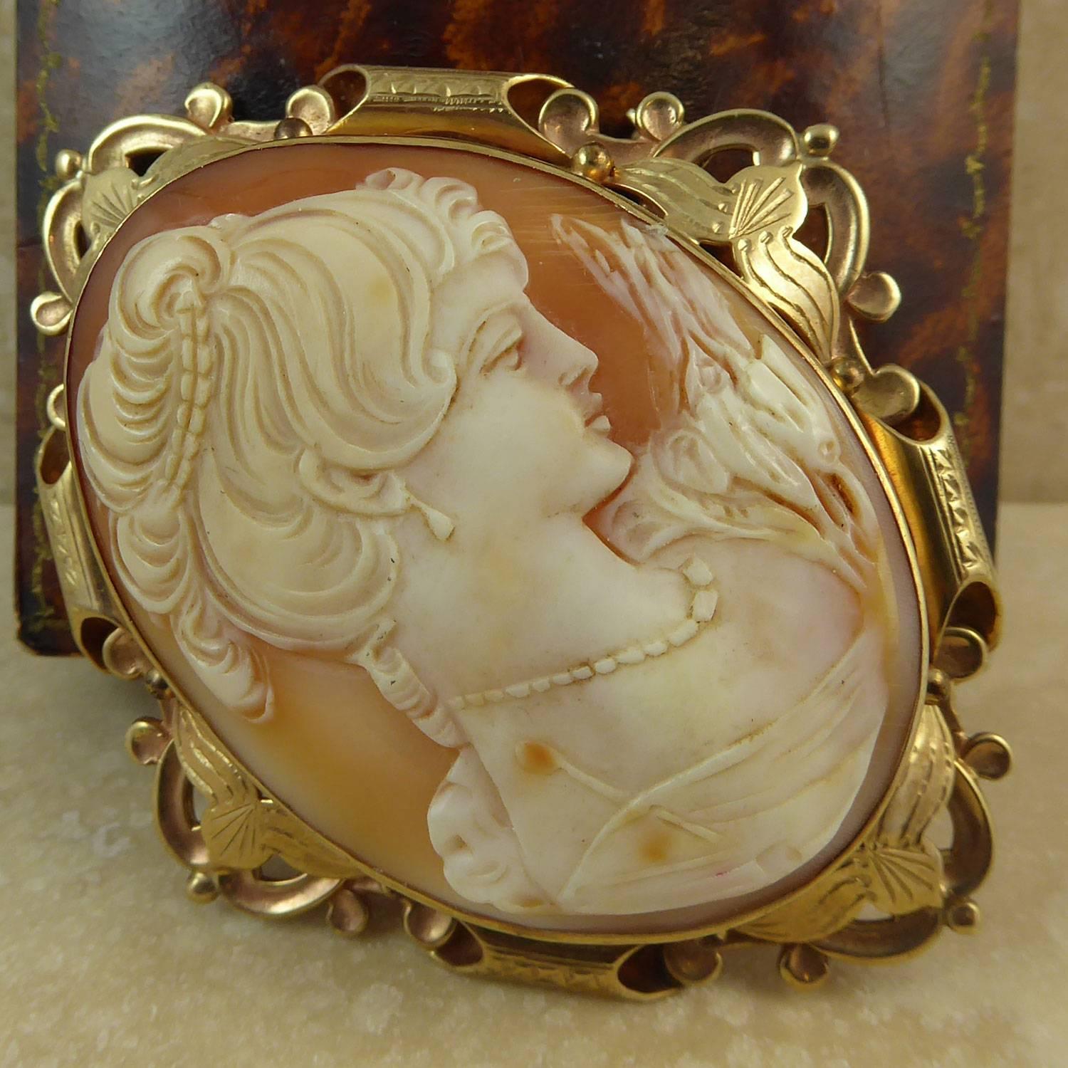 Vintage Carved Shell Cameo Brooch, Ornate Gold Surround, Hallmarked, 1965 1