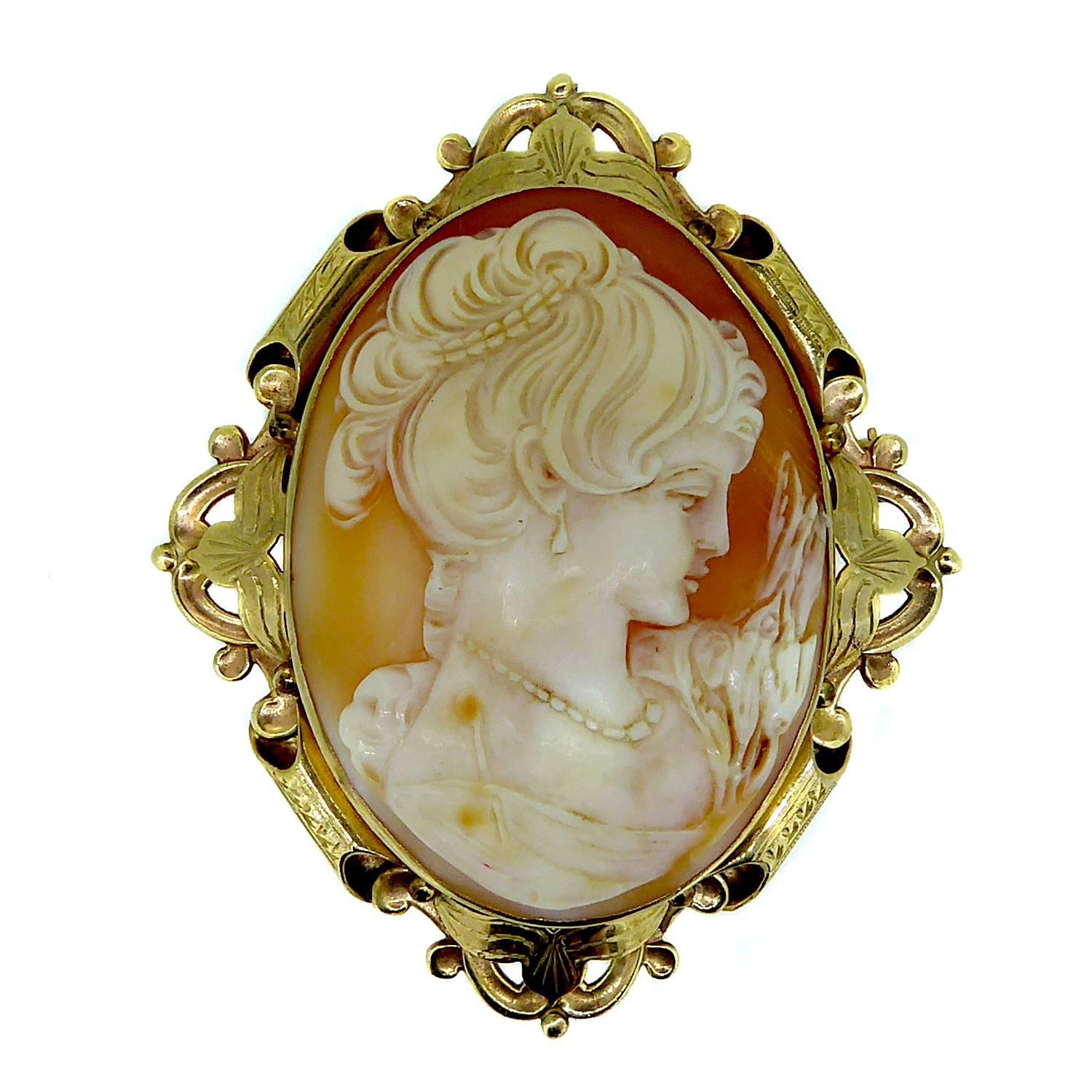 Vintage Carved Shell Cameo Brooch, Ornate Gold Surround, Hallmarked, 1965