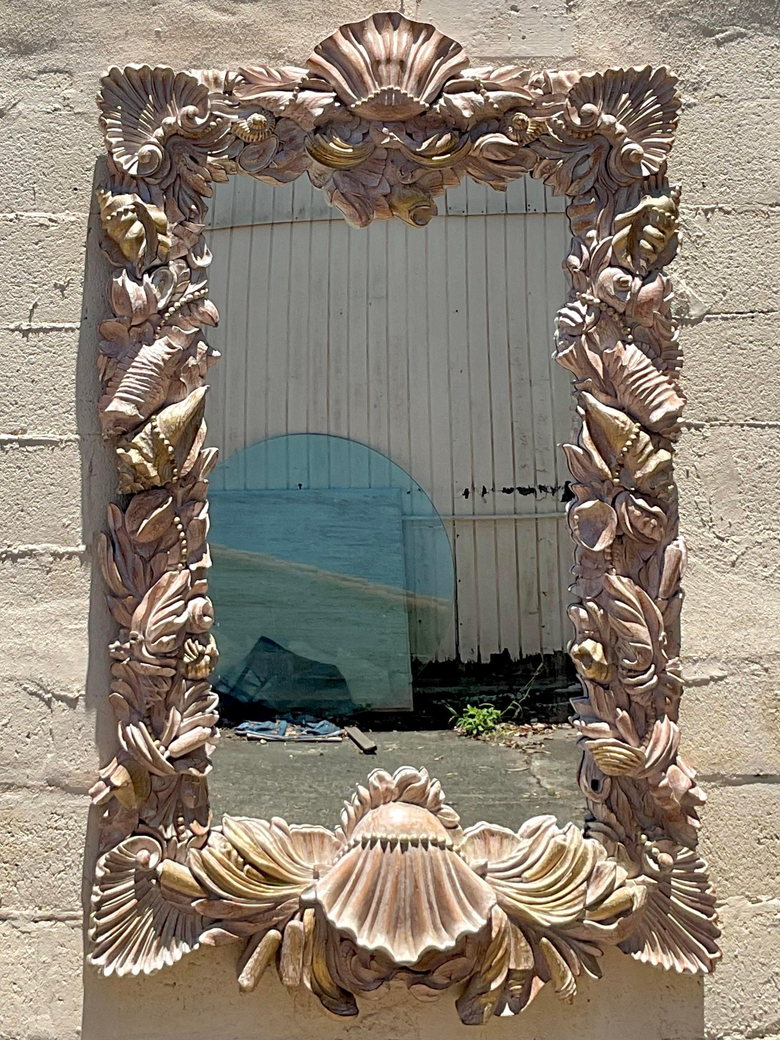 Vintage Carved Shells and Pearls Mirror For Sale 5