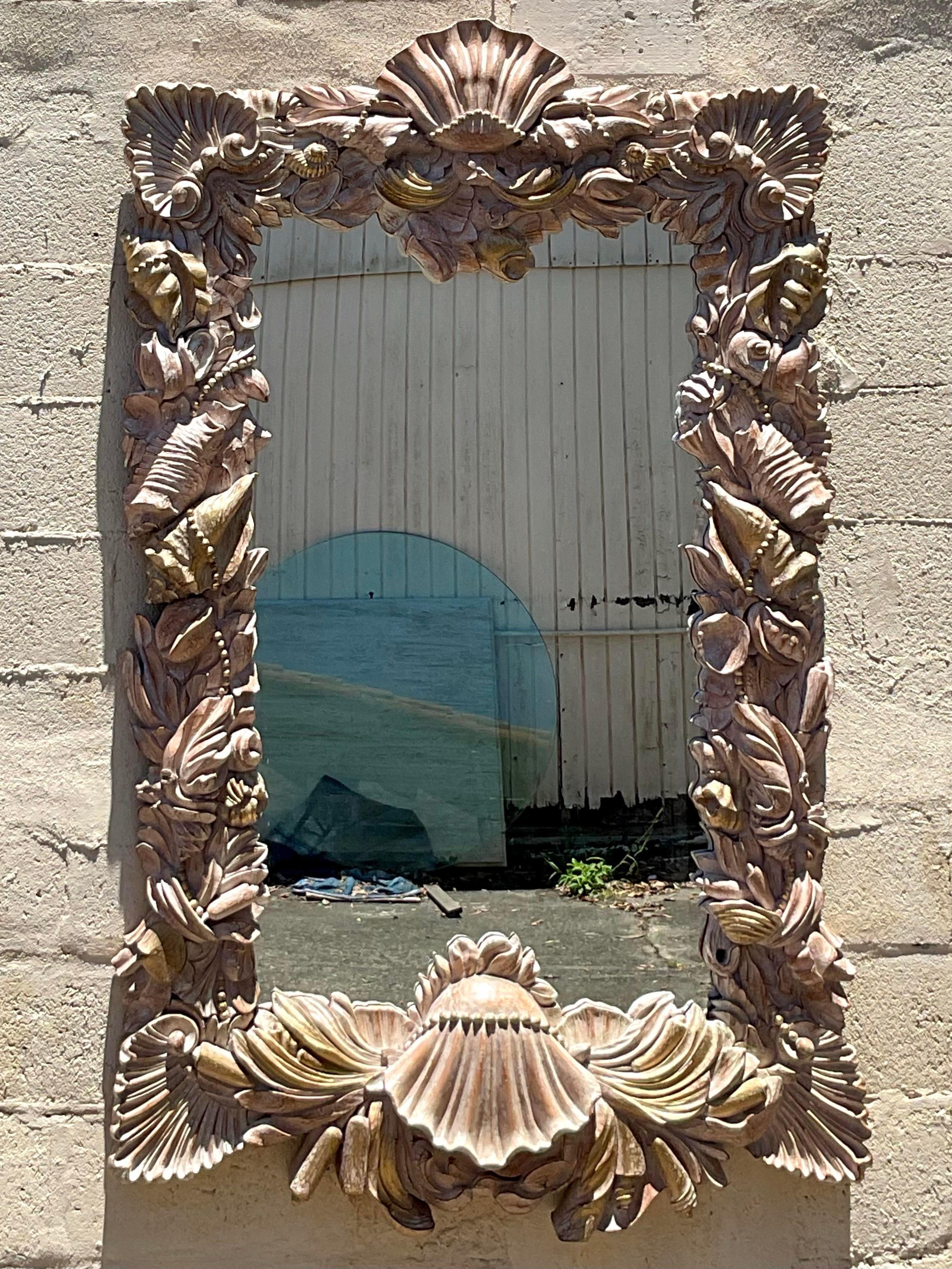 Vintage Carved Shells and Pearls Mirror For Sale 6