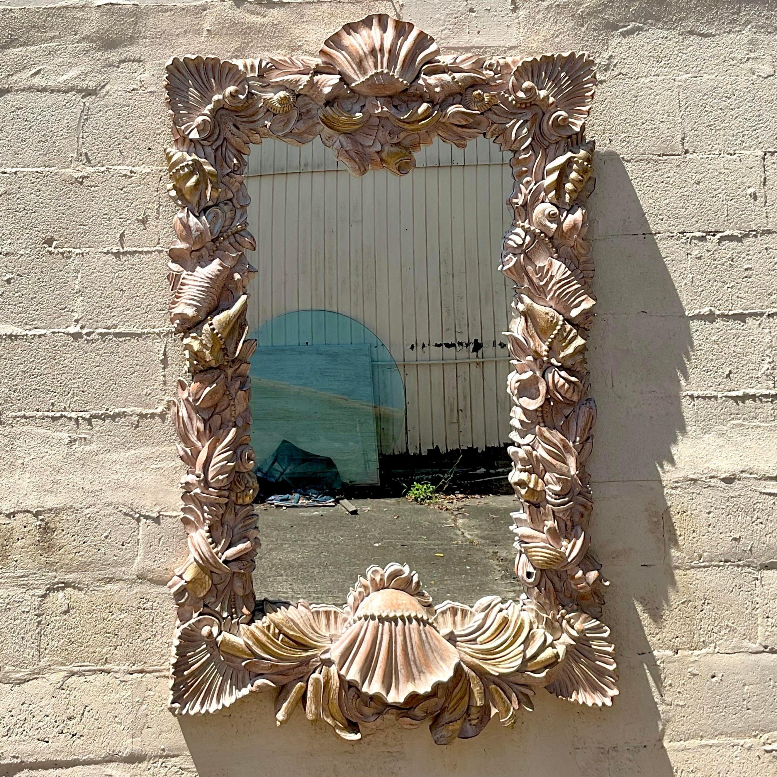 American Vintage Carved Shells and Pearls Mirror For Sale