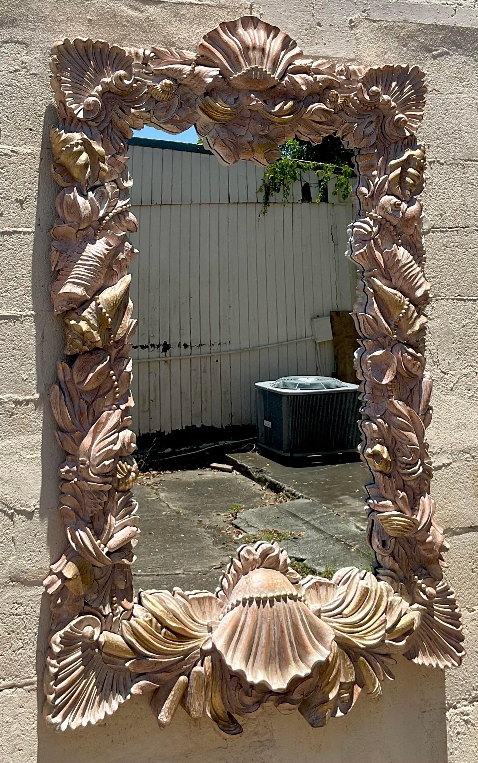 Vintage Carved Shells and Pearls Mirror In Good Condition For Sale In west palm beach, FL