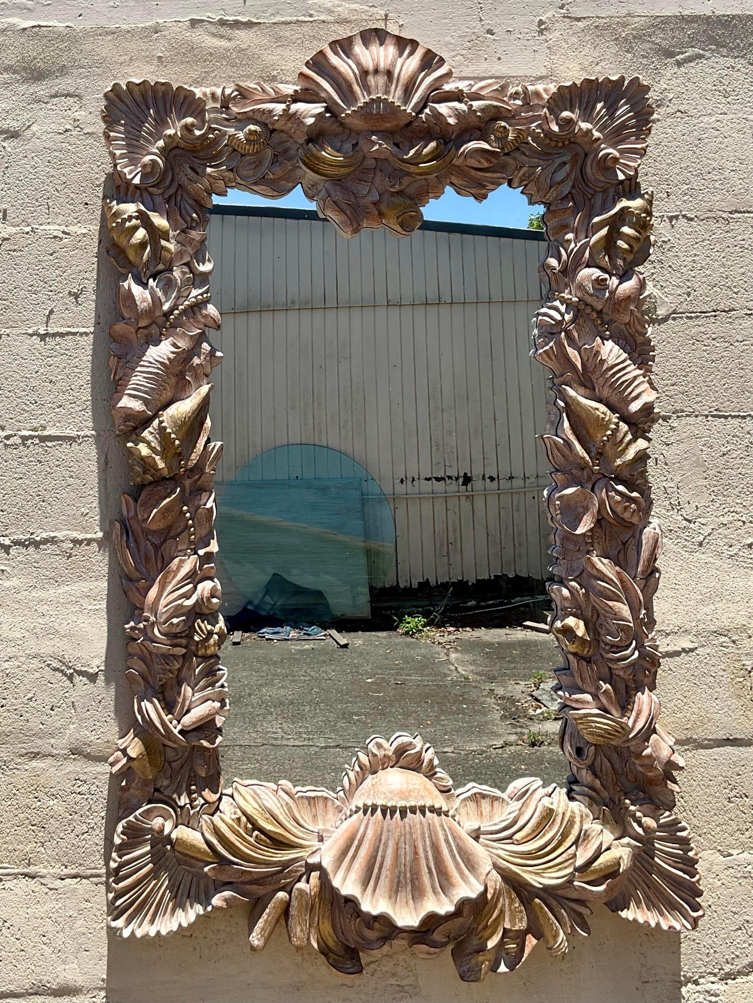 20th Century Vintage Carved Shells and Pearls Mirror For Sale