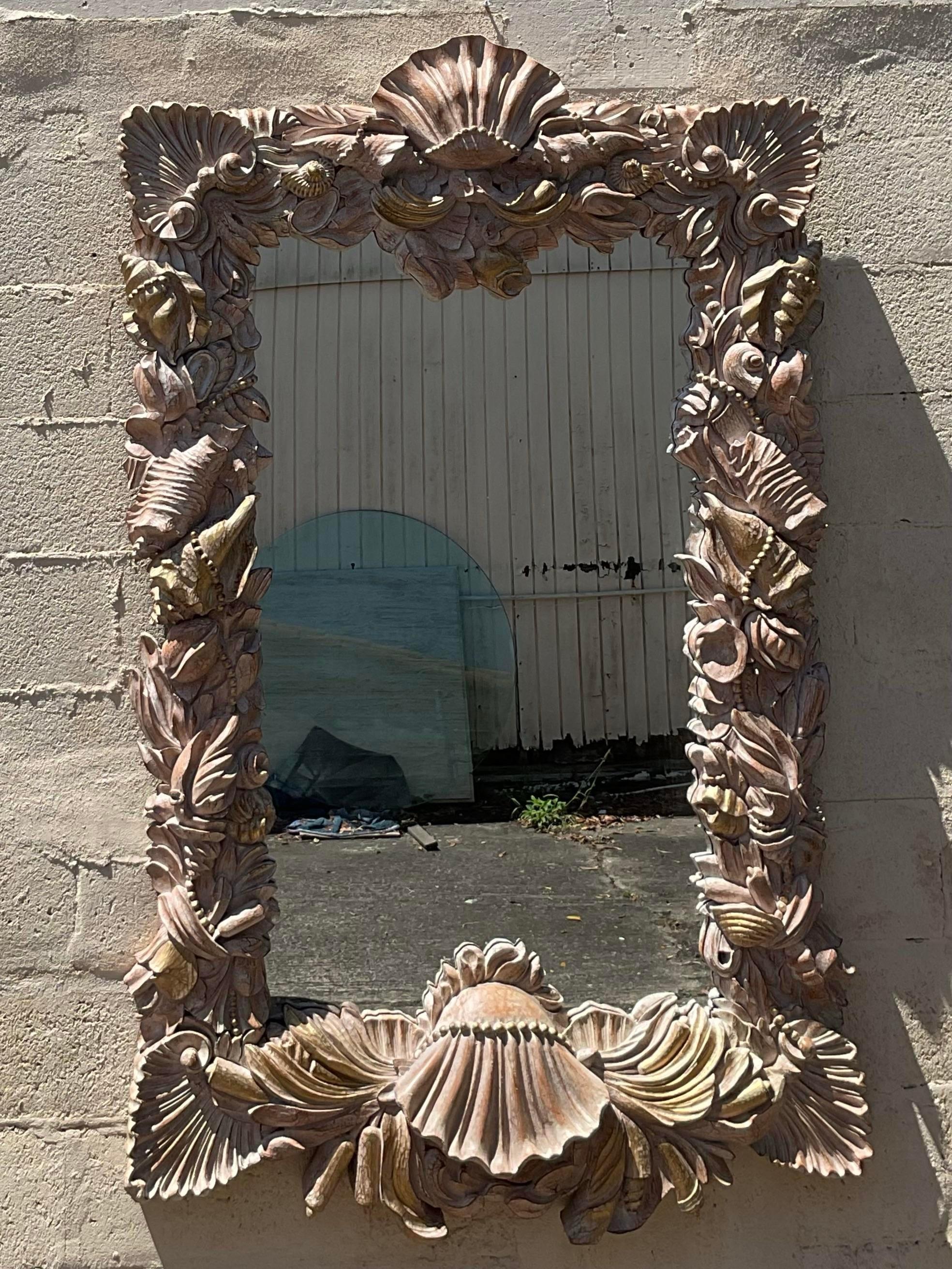 Vintage Carved Shells and Pearls Mirror For Sale 1