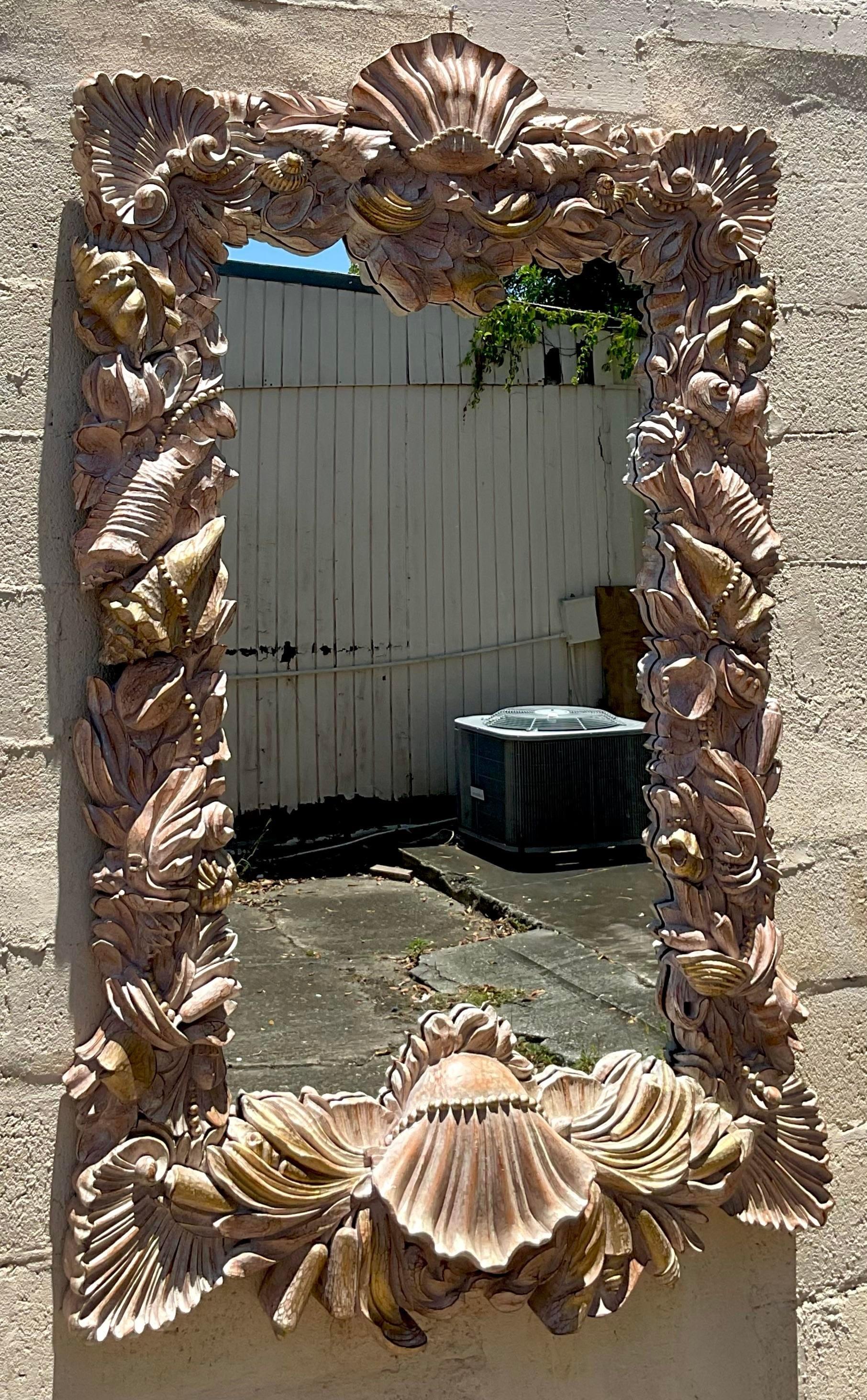 Vintage Carved Shells and Pearls Mirror For Sale 3