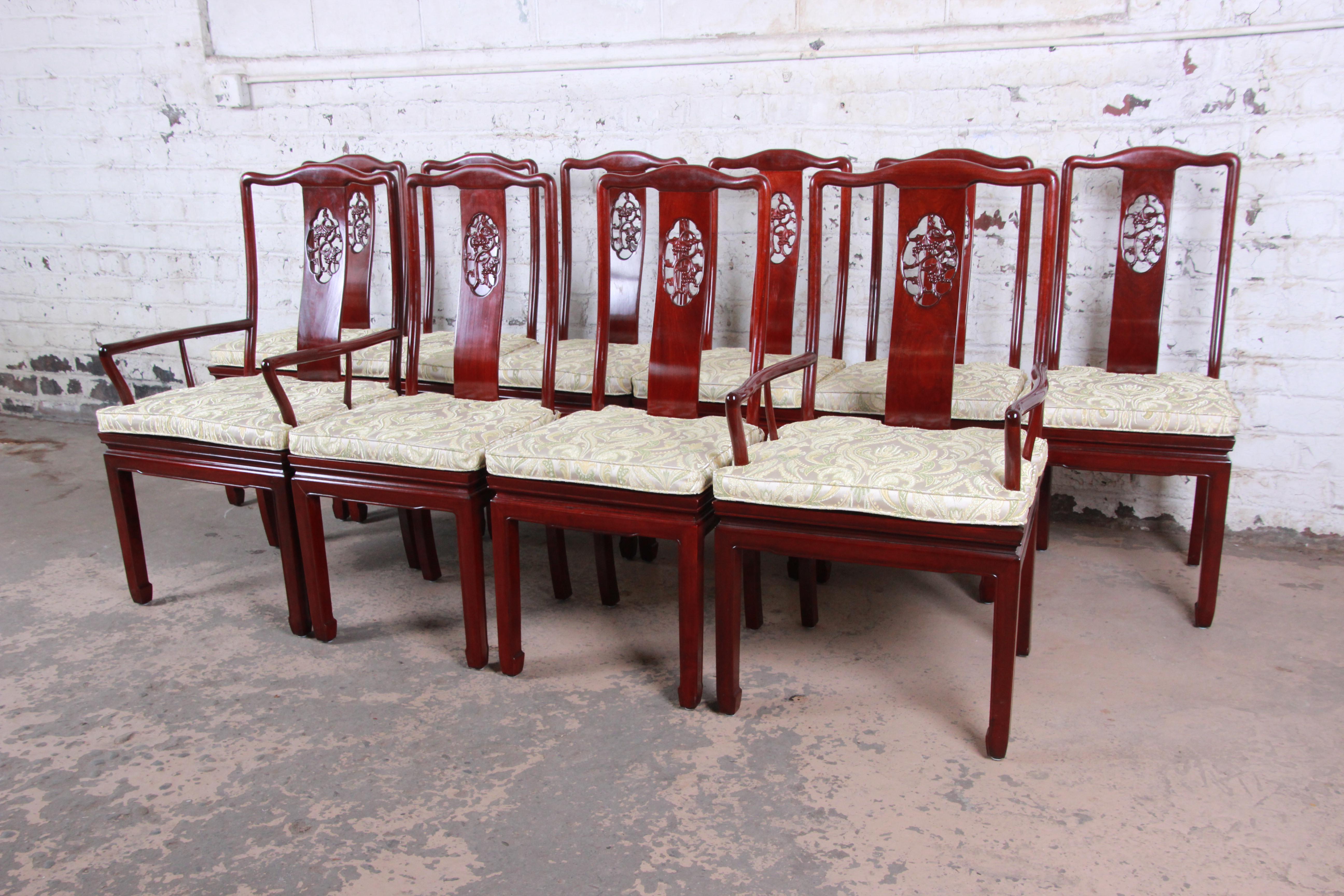 Chinese Export Vintage Carved Solid Rosewood Chinese Dining Chairs, Set of Ten