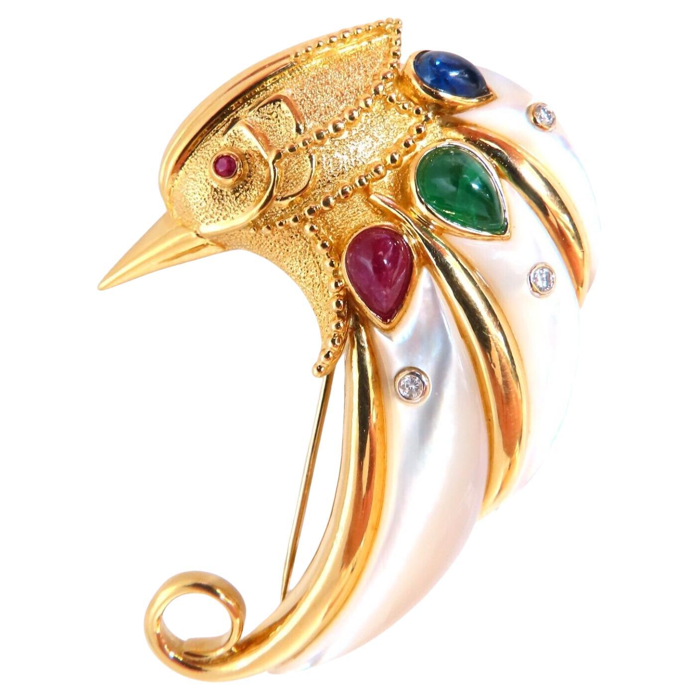 Vintage Carved South Sea Pearl Ruby Sapphire Emerald Penguin Pin 18kt Gold For Sale