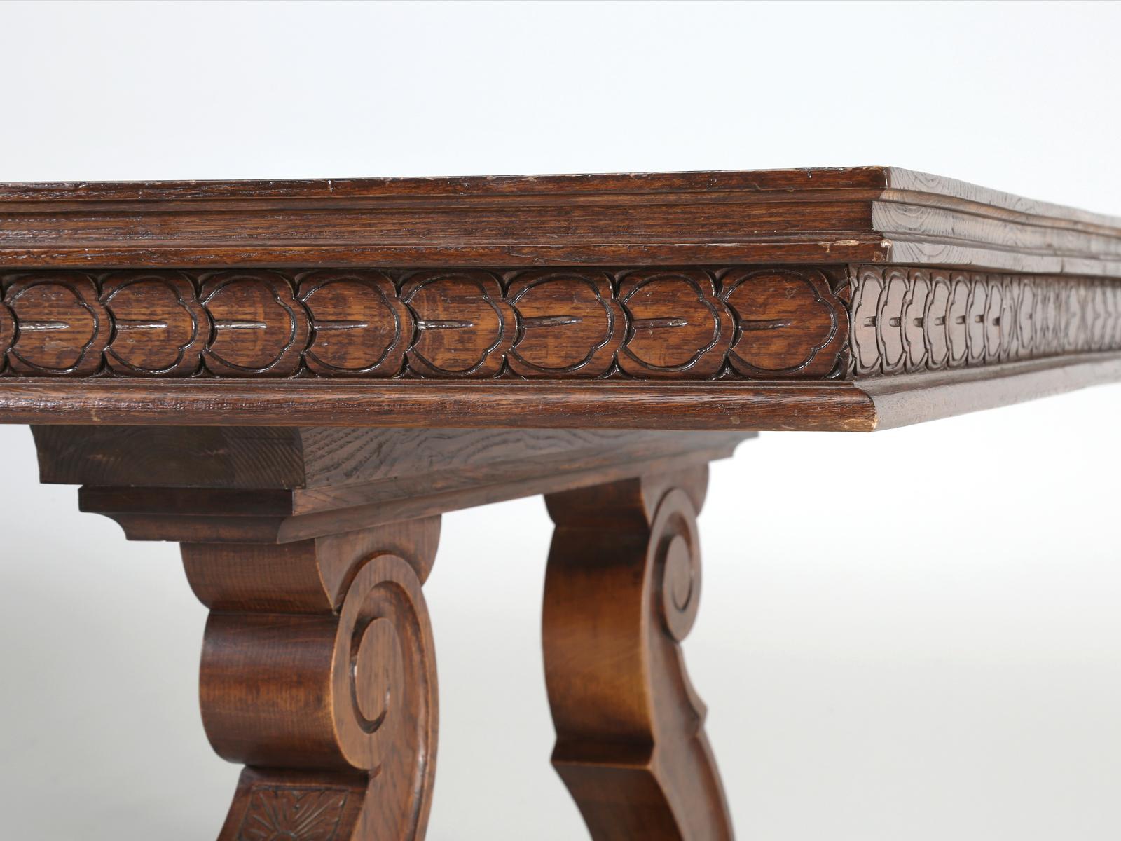 Vintage Carved Spanish Trestle Style Dining Table In Good Condition In Chicago, IL