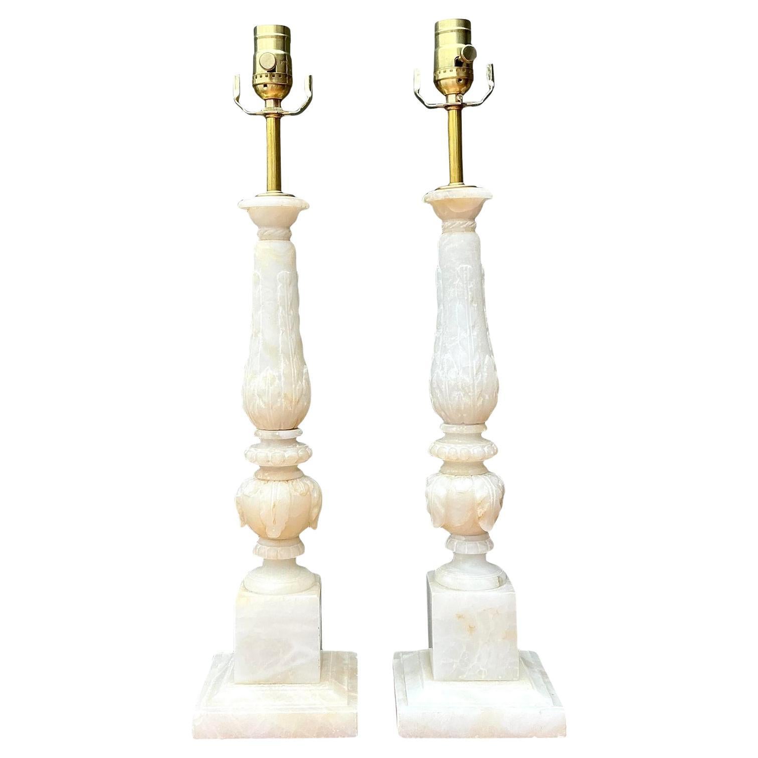 Vintage Carved Stone Column Lamp - A Pair