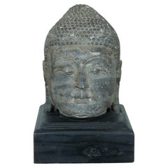 Vintage Carved Stone Meditating Buddha Head Statue Bust on Wood Plinth 12"