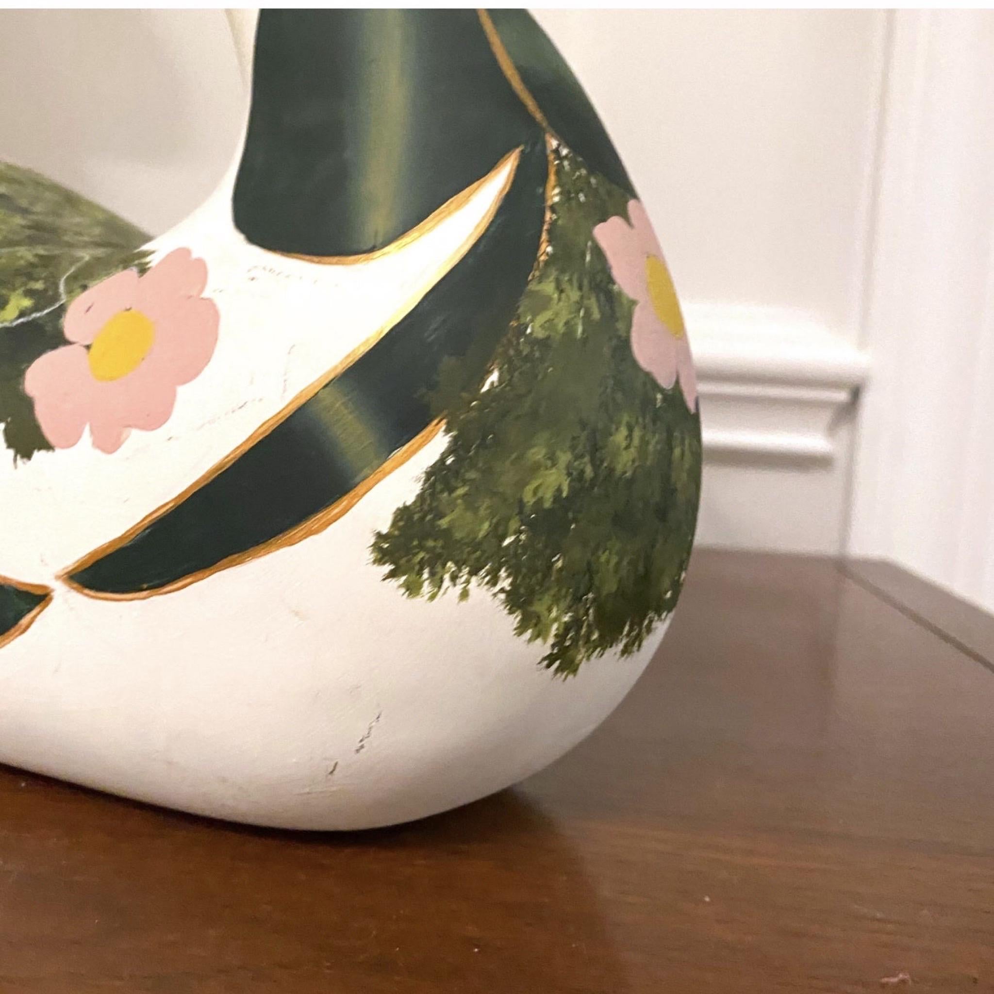 Vintage Carved Swan Decoy Hand Painted Green and Gold and Pink 3