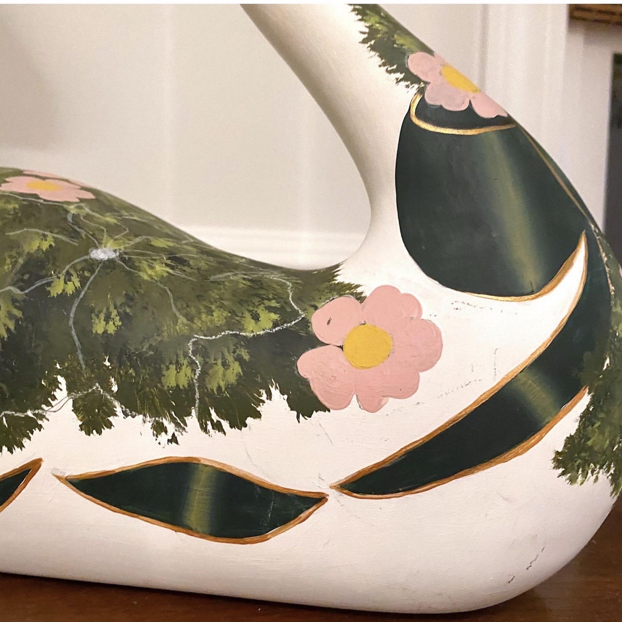 Vintage Carved Swan Decoy Hand Painted Green and Gold and Pink 5