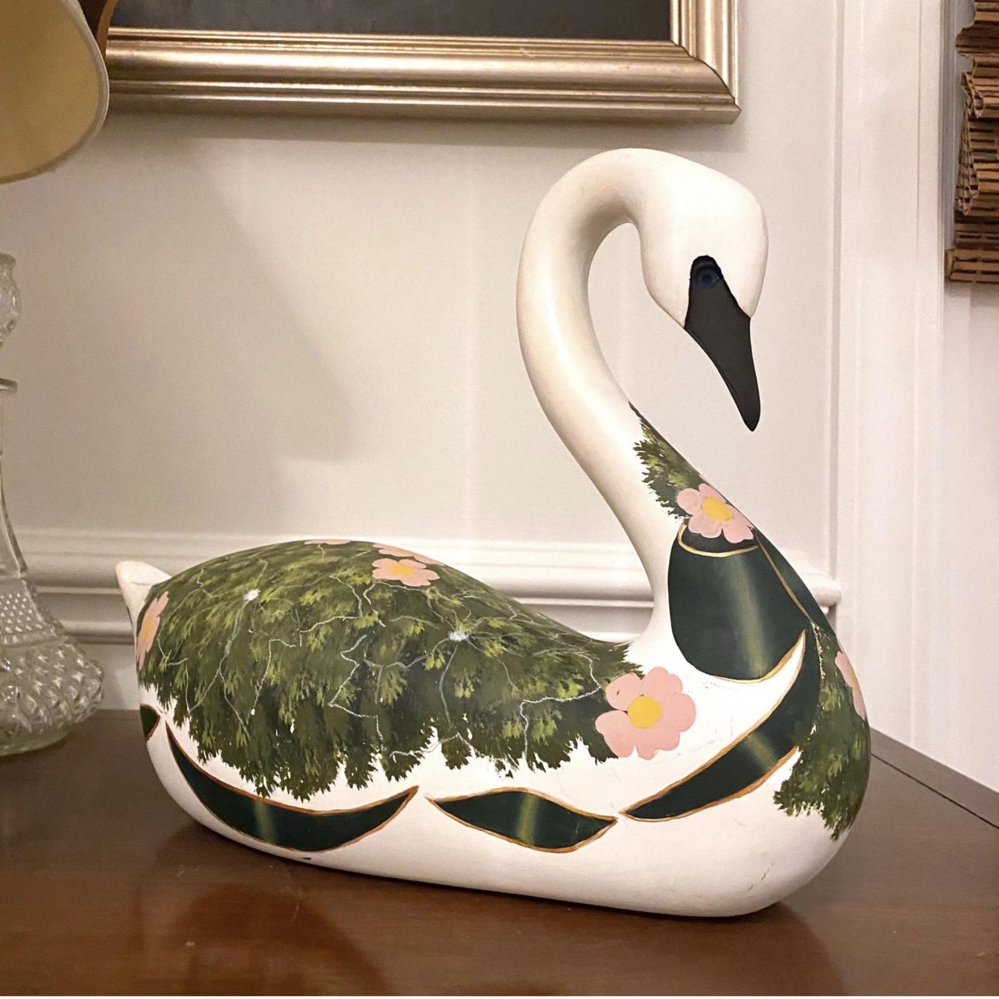 Vintage Carved Swan Decoy Hand Painted Green and Gold and Pink 6