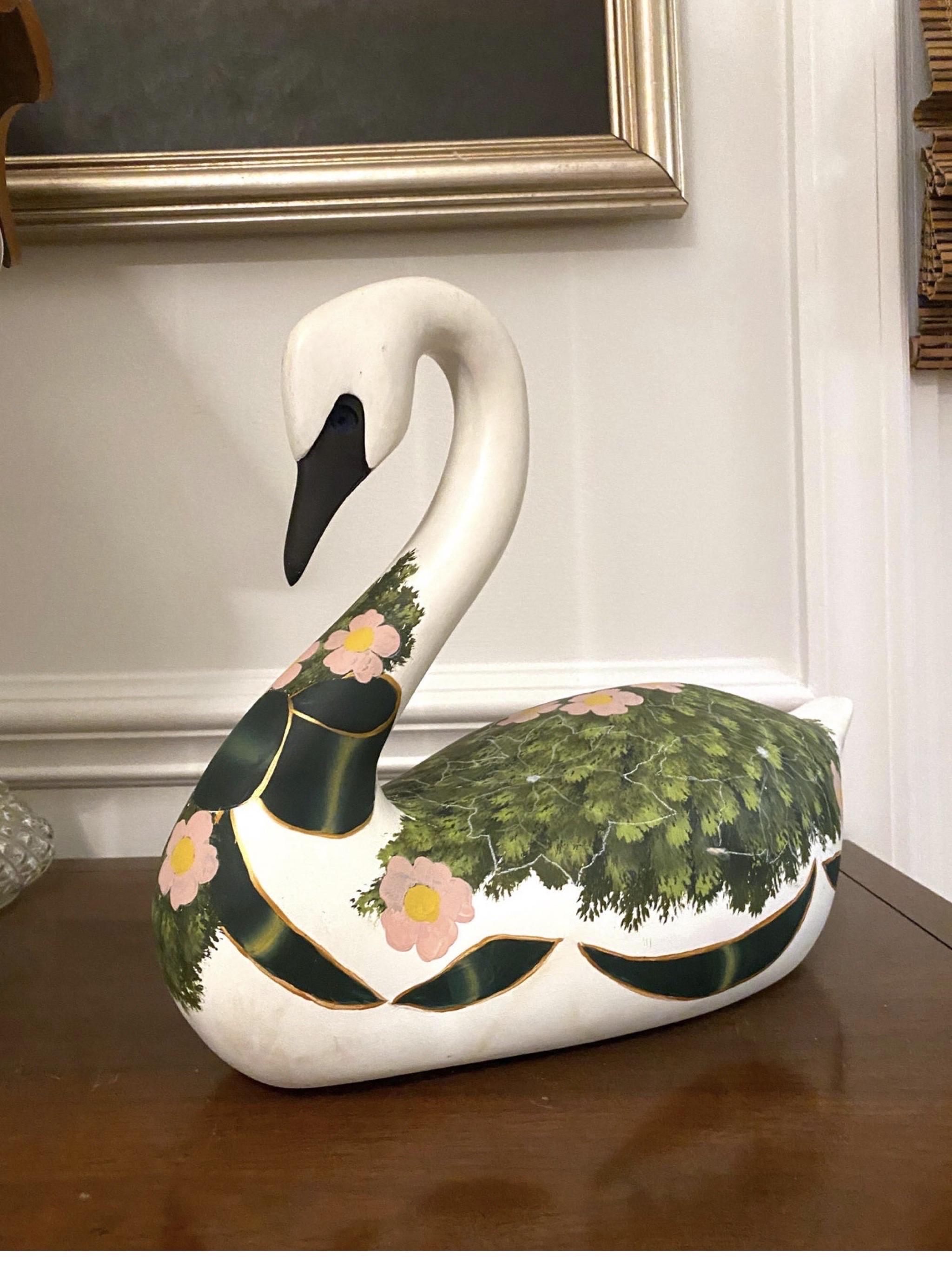 Vintage Carved Swan Decoy Hand Painted Green and Gold and Pink 7