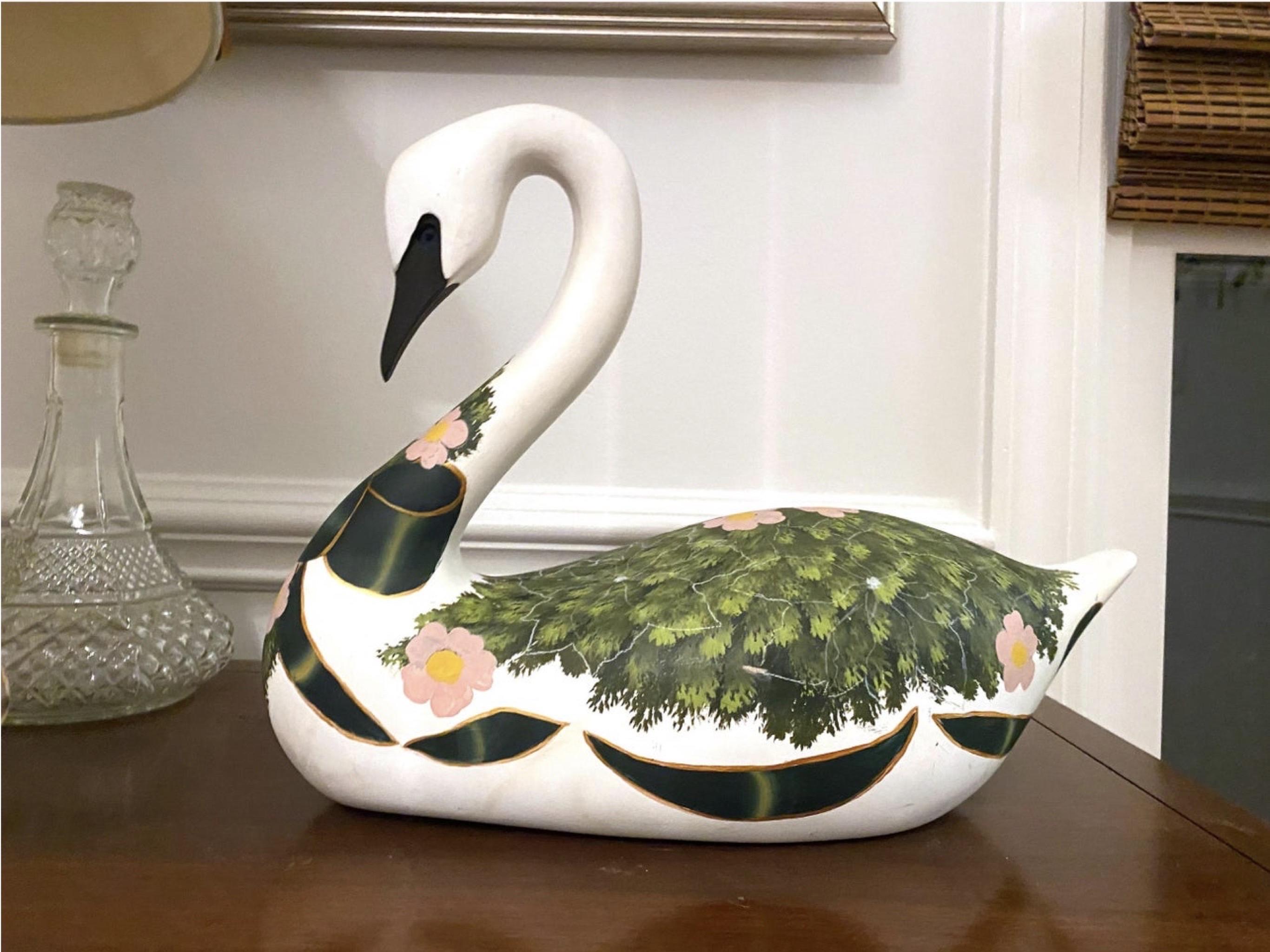 Folk Art Vintage Carved Swan Decoy Hand Painted Green and Gold and Pink